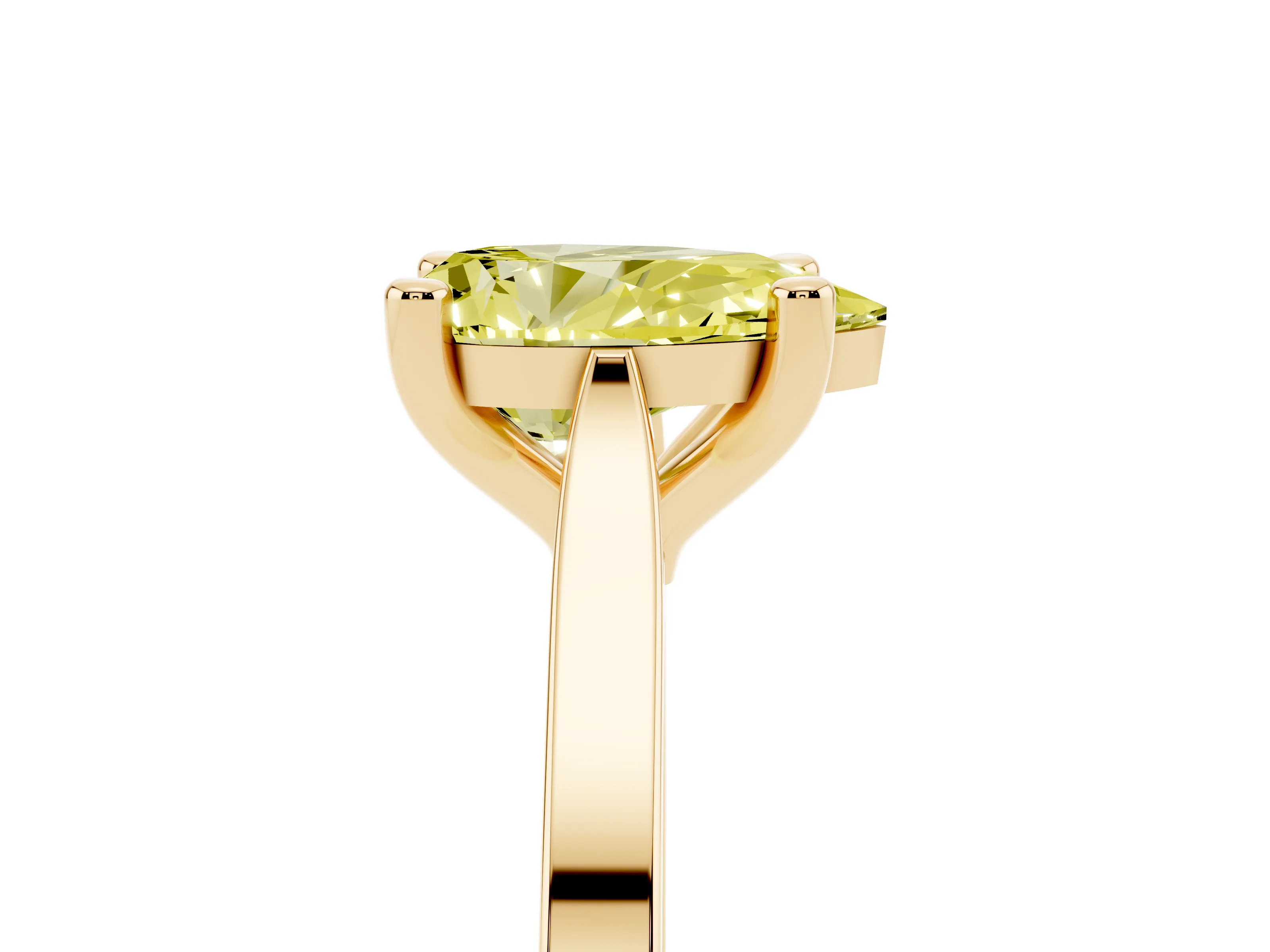 Fancy Yellow Pear Cut Diamond Solitaire Ring Set in Yellow gold with Prong Setting and Tapered Band