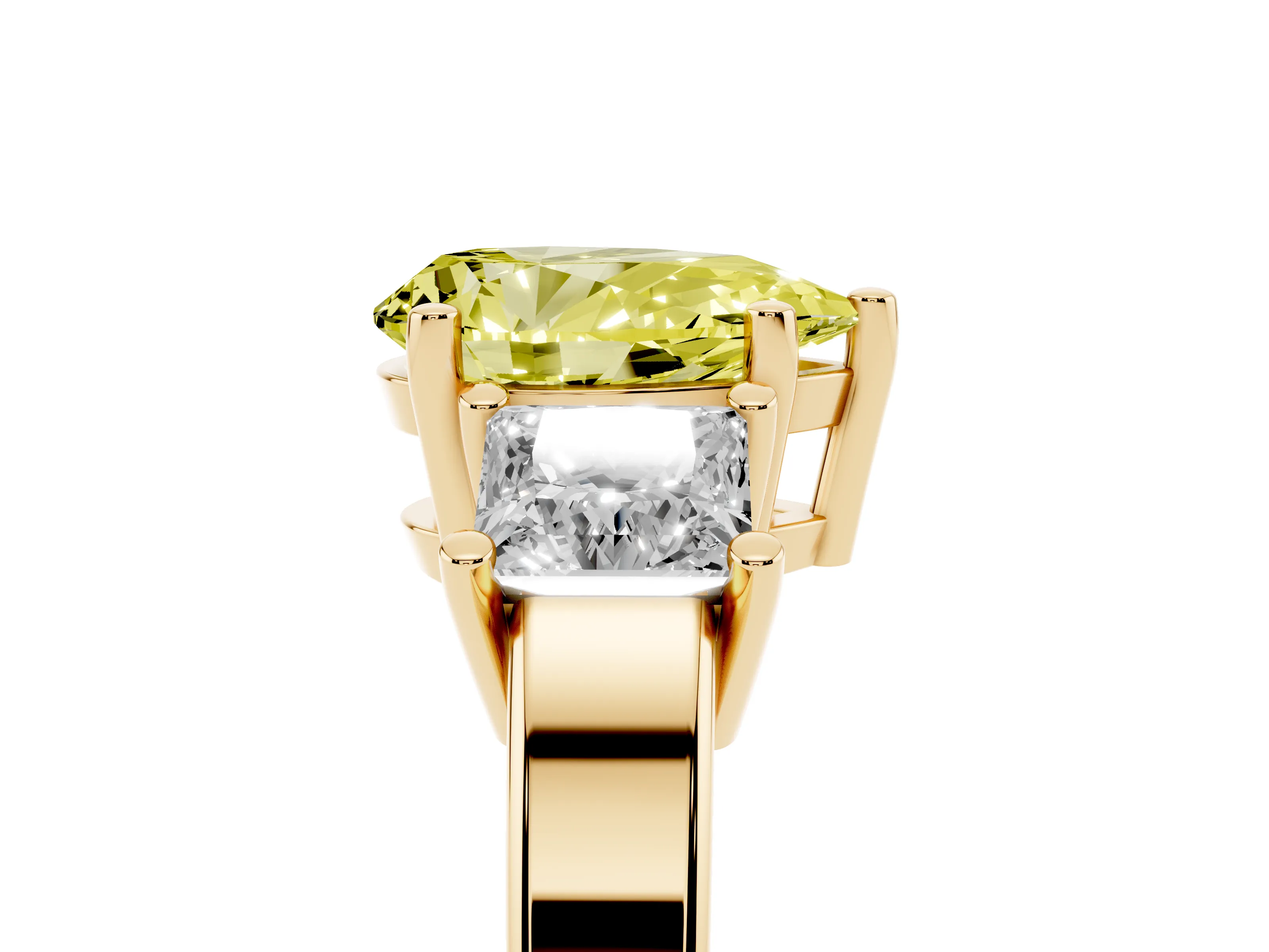 Fancy Yellow Three-Stone Pear Cut Diamond Solitaire Ring Set in Yellow gold with Prong Setting