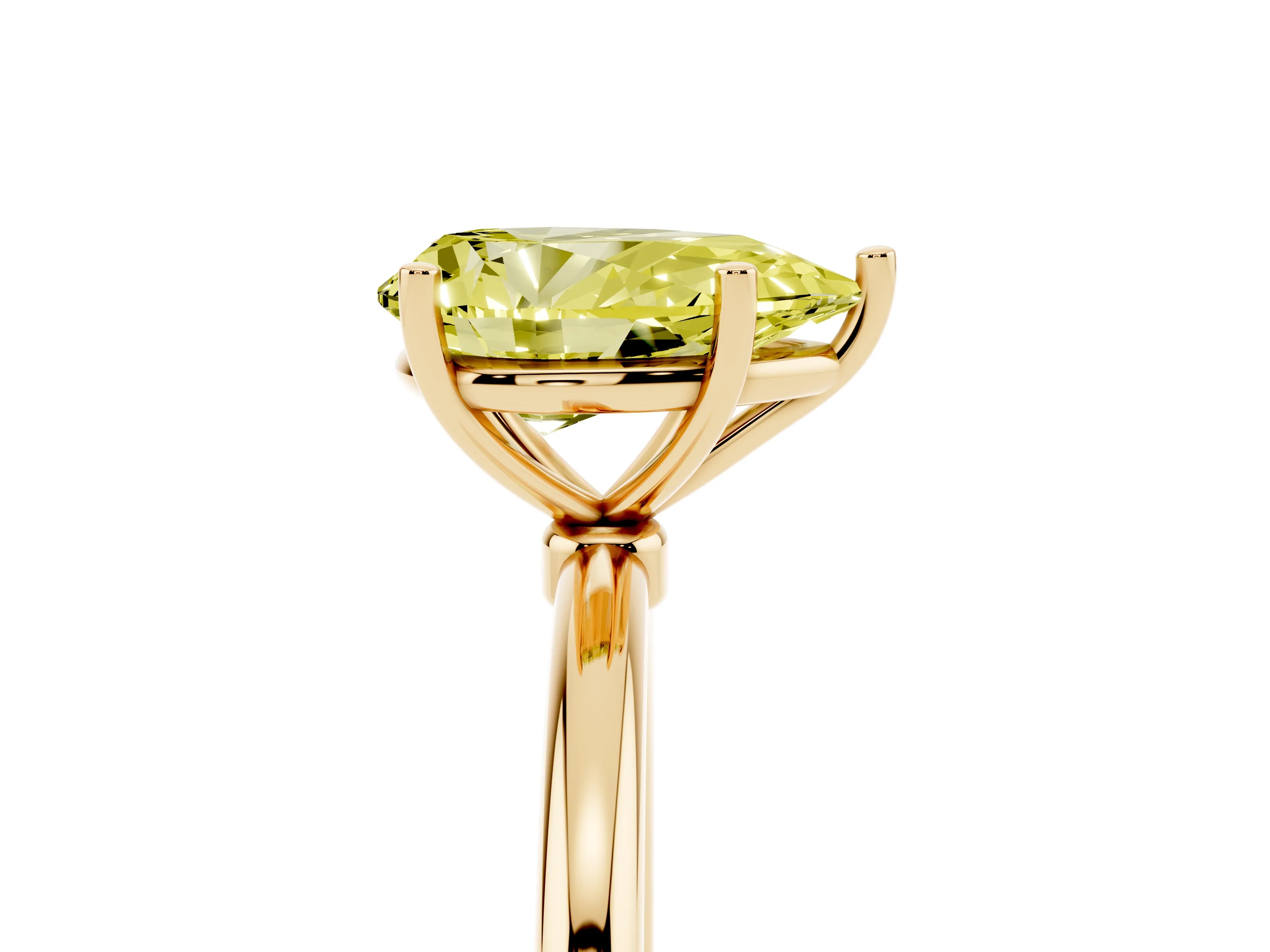 Fancy Yellow Pear Cut Diamond Solitaire Engagement Ring Set in Yellow gold with Thin Band and Prong Setting
