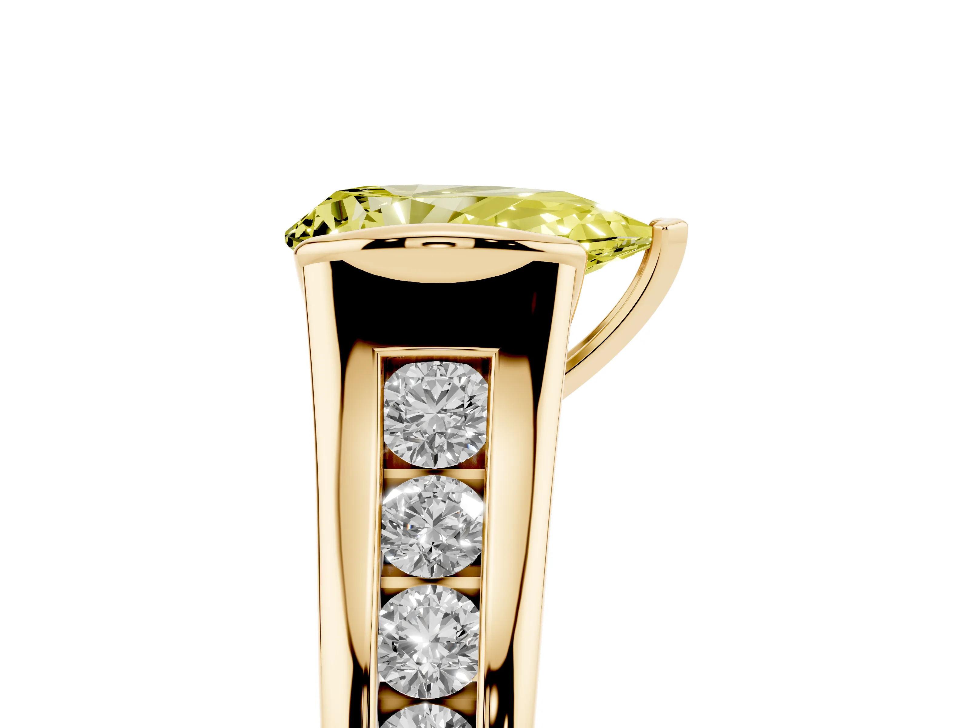 Fancy Yellow Pear Cut Diamond Bezel-Set Solitaire Ring Set in Yellow gold with Channel-Set Band