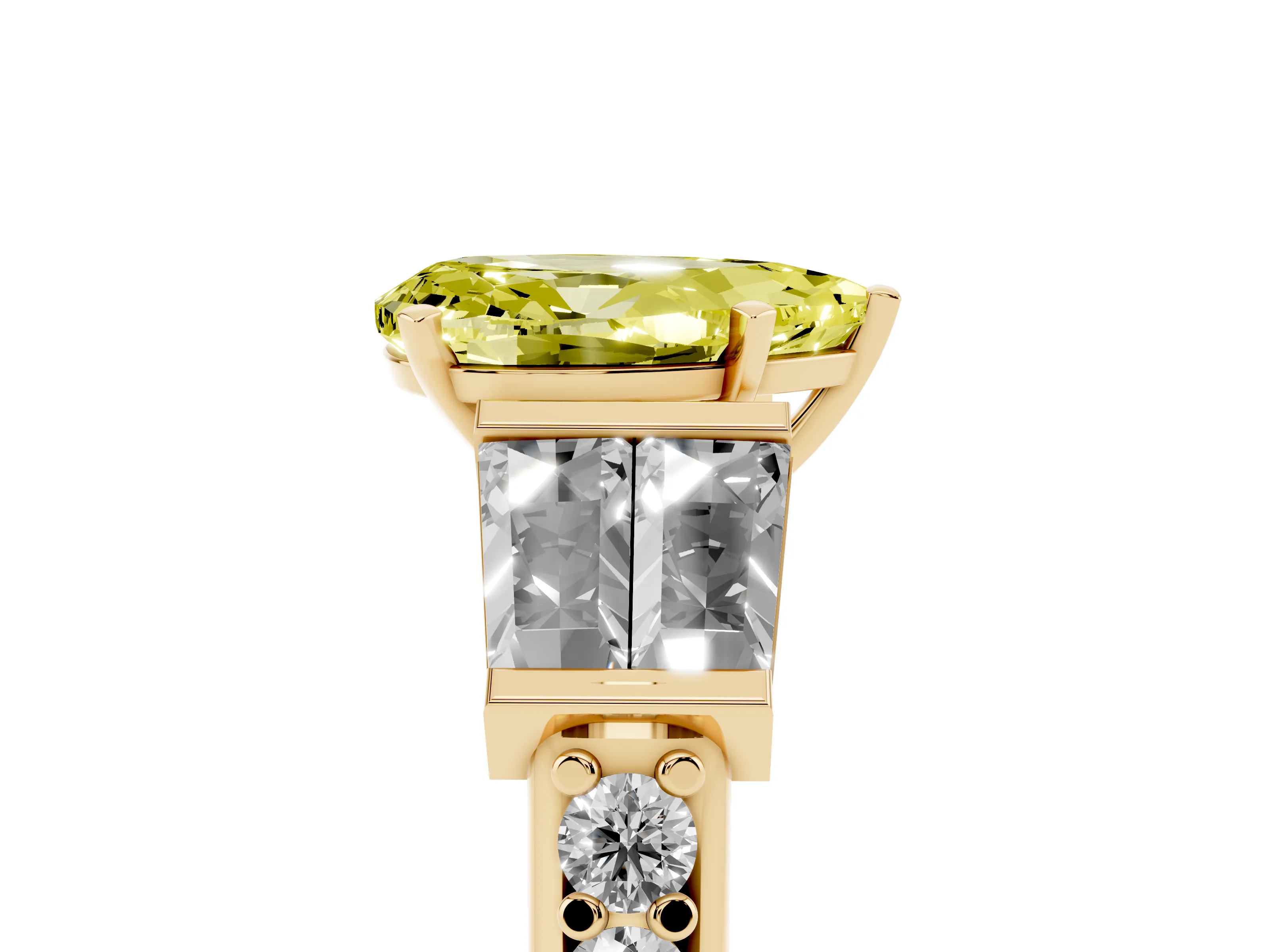 Fancy Yellow Pear Cut Diamond Engagement Ring Set in Yellow gold with Baguette Side Stones and Channel Set Band