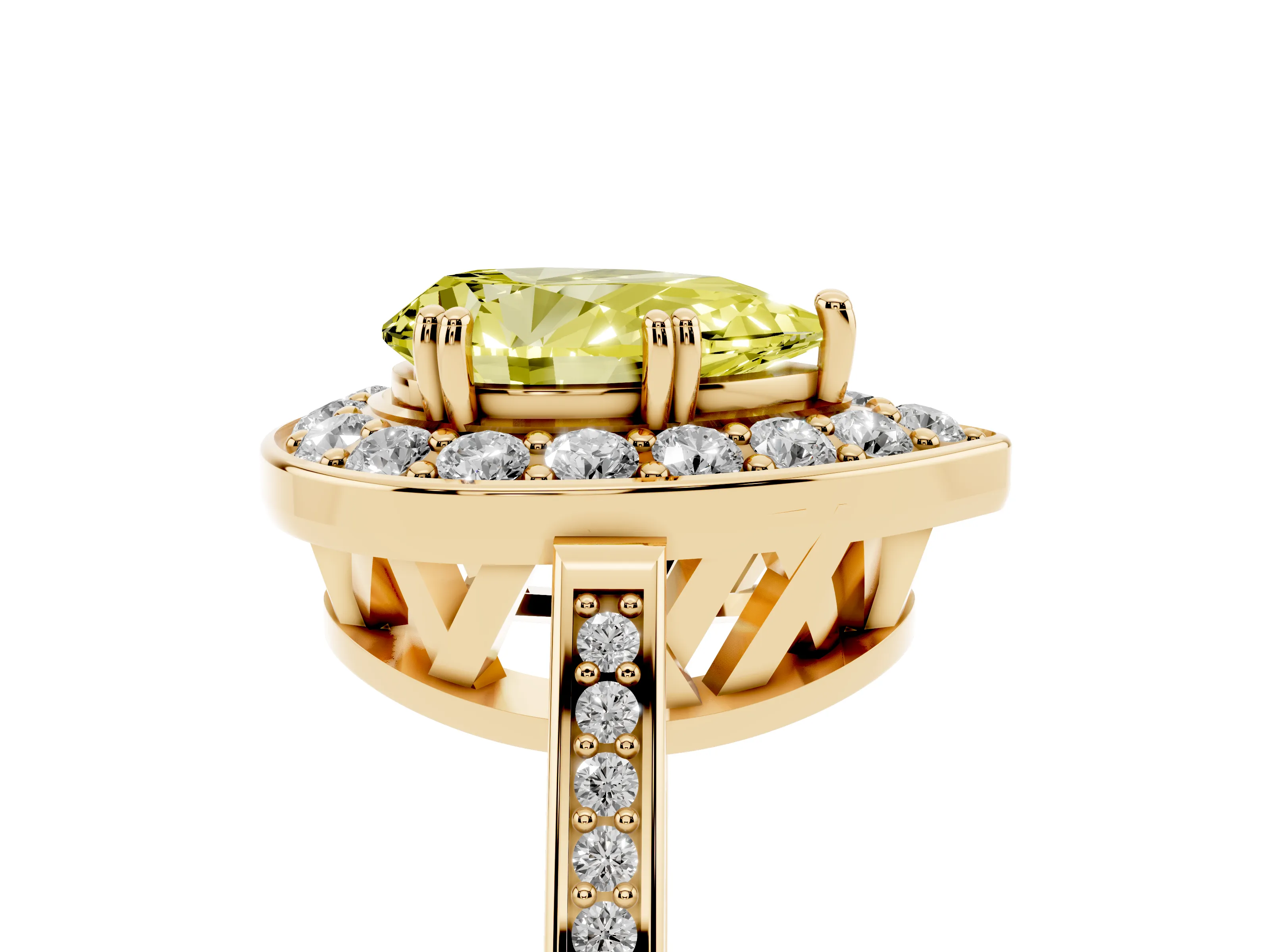 Fancy Yellow Pear Cut Diamond Halo Ring Set in Yellow gold with Accent-Lined Split Shank and Prong Setting