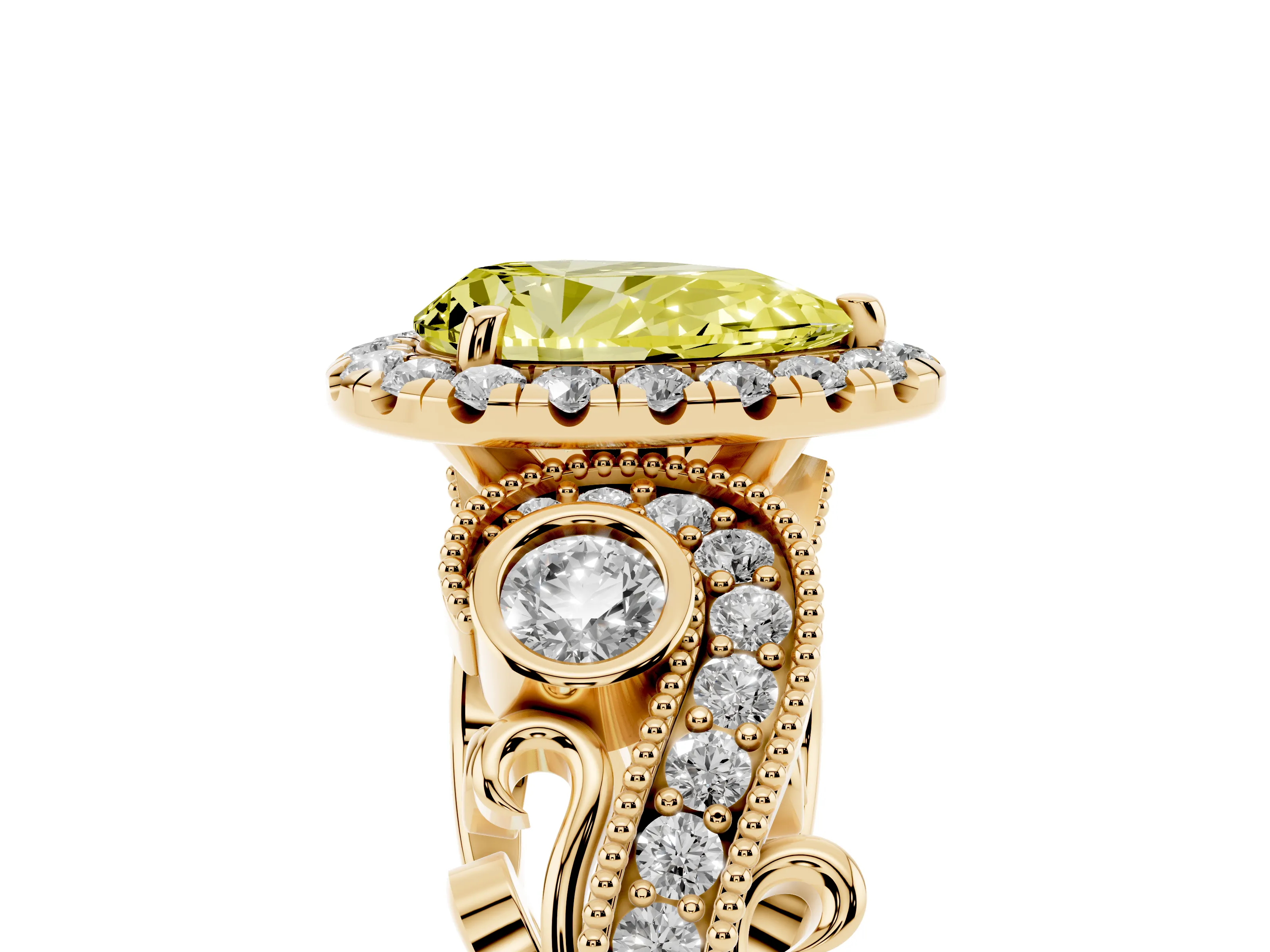 Fancy Yellow Pear Cut Diamond Halo Ring Set in Yellow gold with Milgrain Pavé Band and Prong Setting
