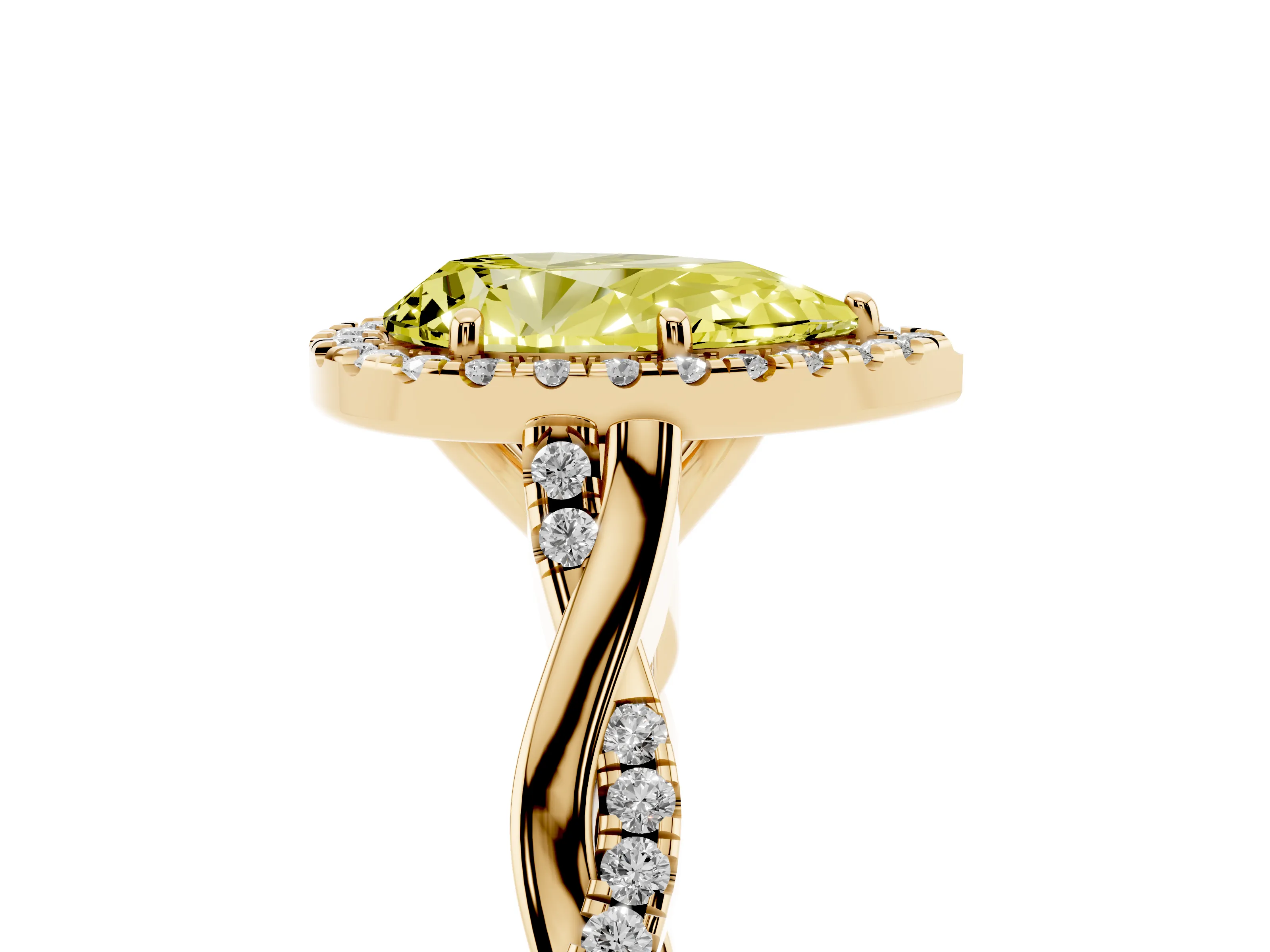 Fancy Yellow Pear Cut Diamond Halo Twist Band Solitaire Ring Set in Yellow gold with Prong Setting