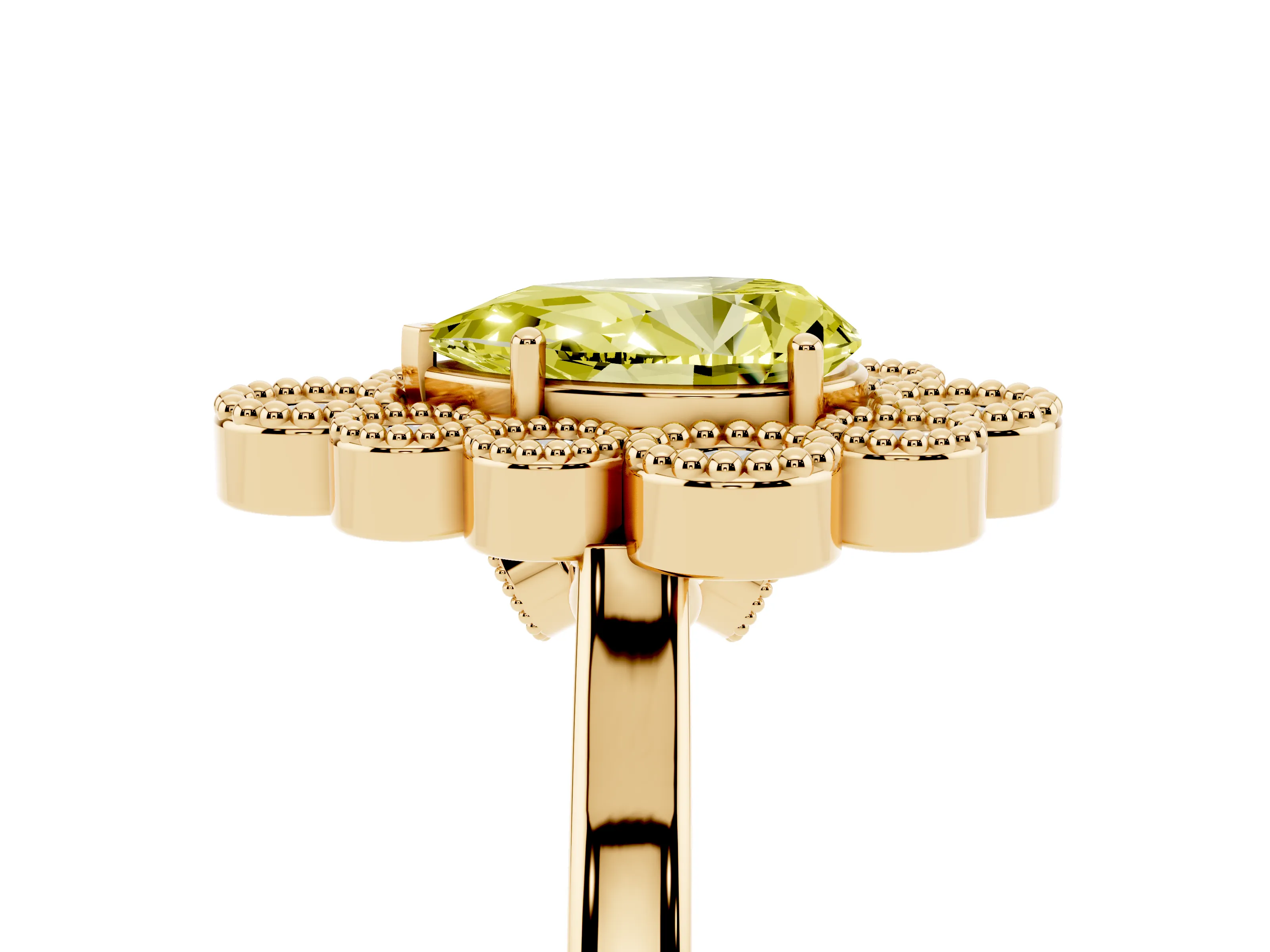 Fancy Yellow Pear Cut Diamond Cluster Halo Ring Set in Yellow gold with Milgrain Bezel Accents and Plain Band