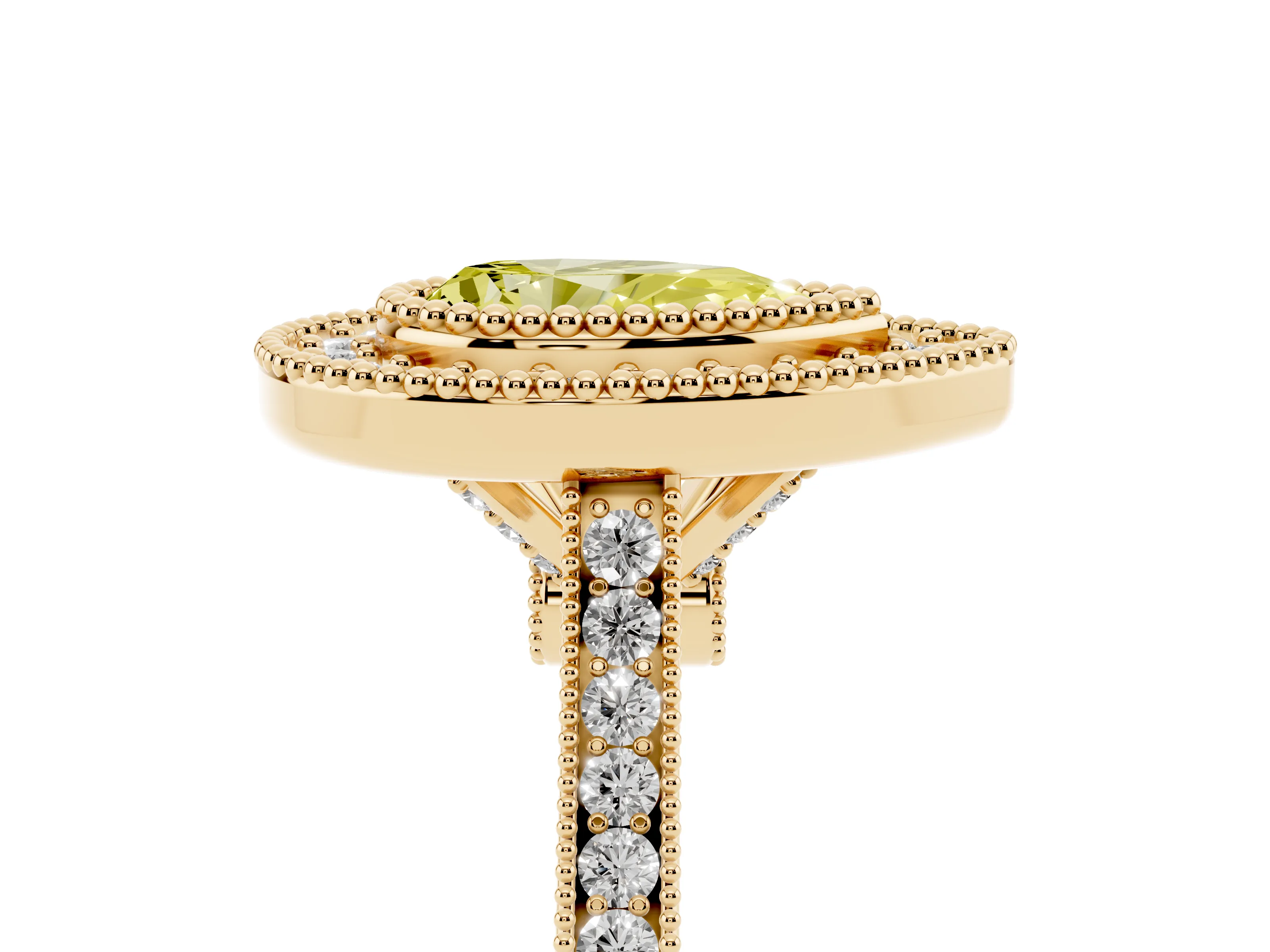 Fancy Yellow Pear Cut Diamond Halo Ring Set in Yellow gold with Milgrain Frame and Pavé Band