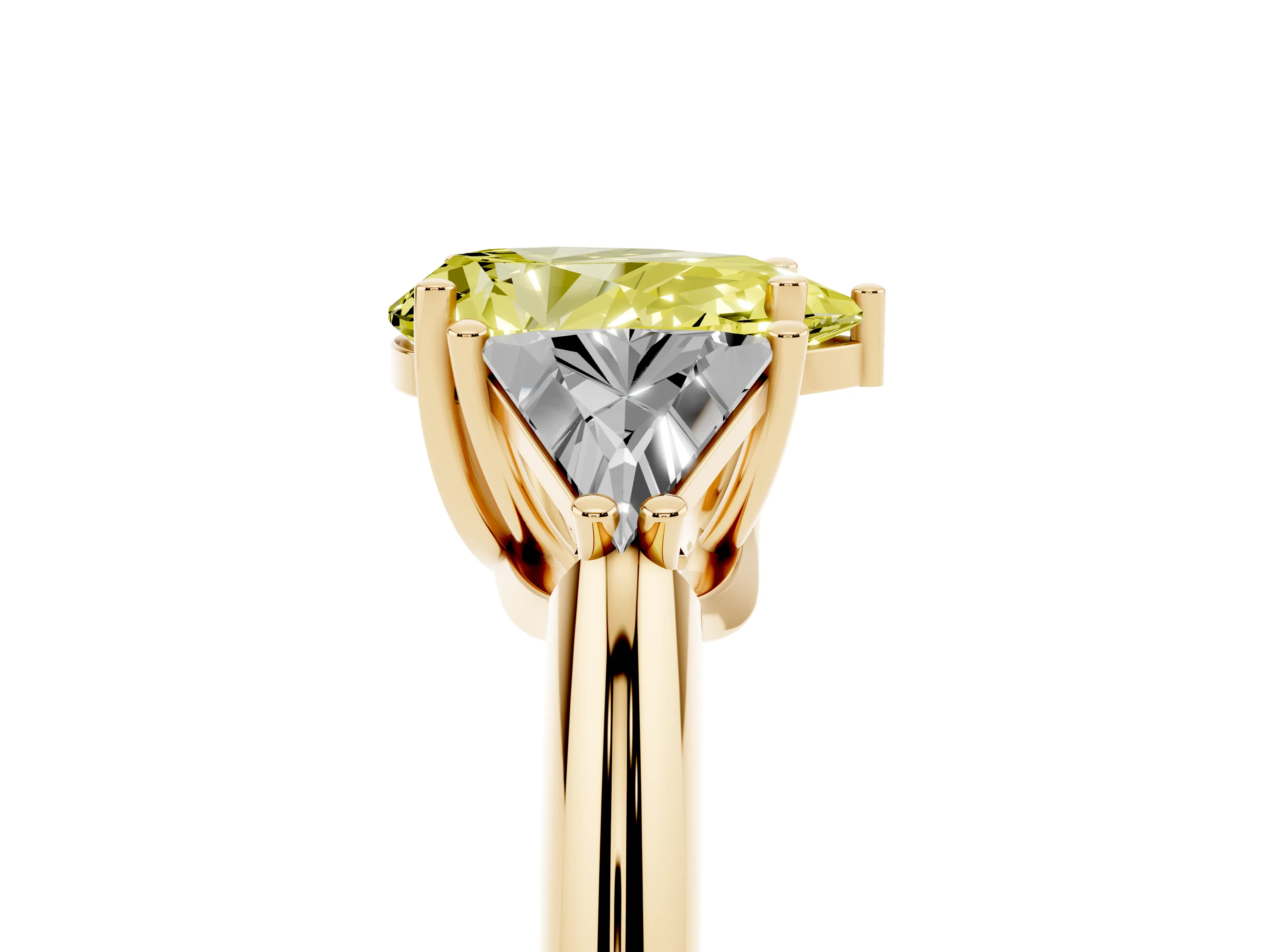 Fancy Yellow Pear Cut Diamond Three-Stone Engagement Ring Set in Yellow gold with Trillion Side Stones