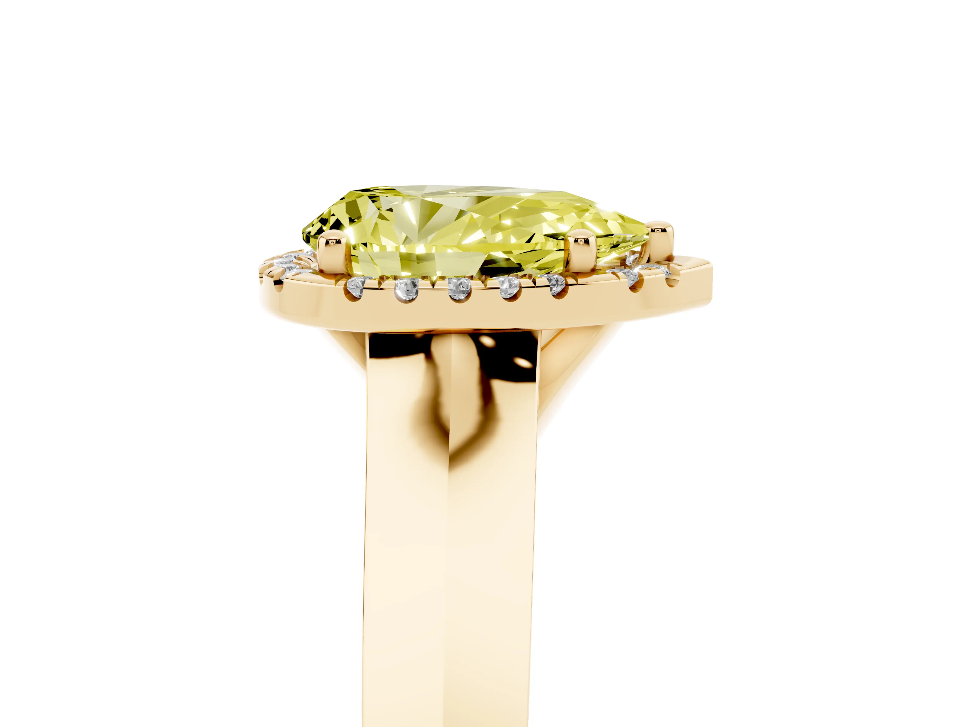 Fancy Yellow Pear Cut Diamond Halo Ring Set in Yellow gold with Cathedral Band and Prong Setting
