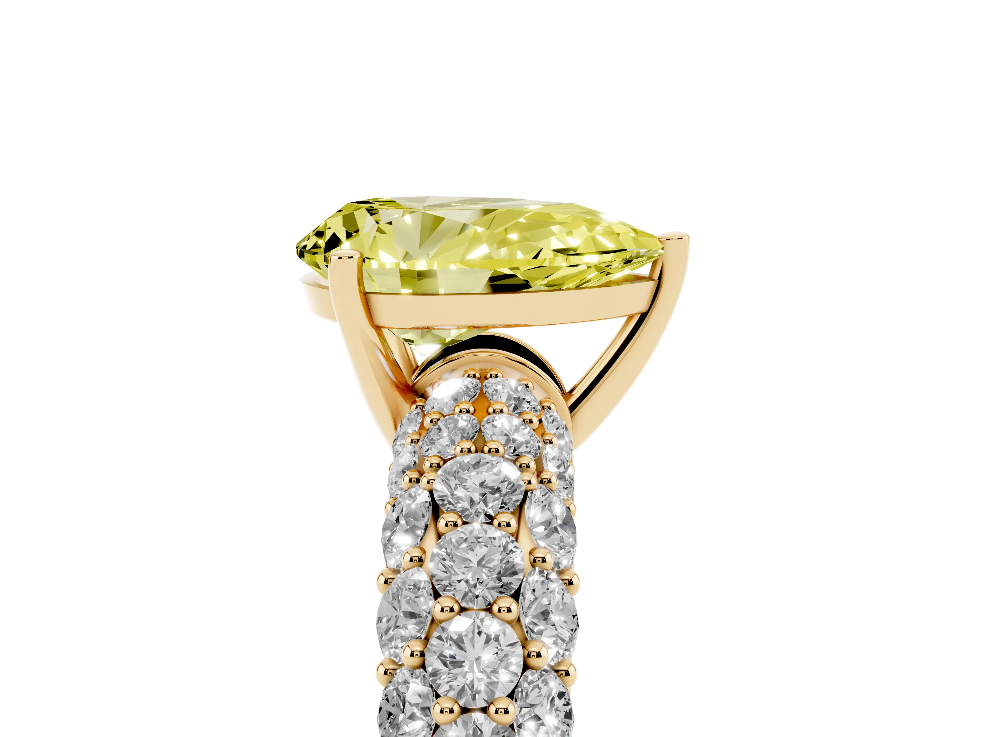 Fancy Yellow Pear Cut Diamond Pavé Band Solitaire Ring Set in Yellow gold with Close-Set Accent Stones and Prong Setting