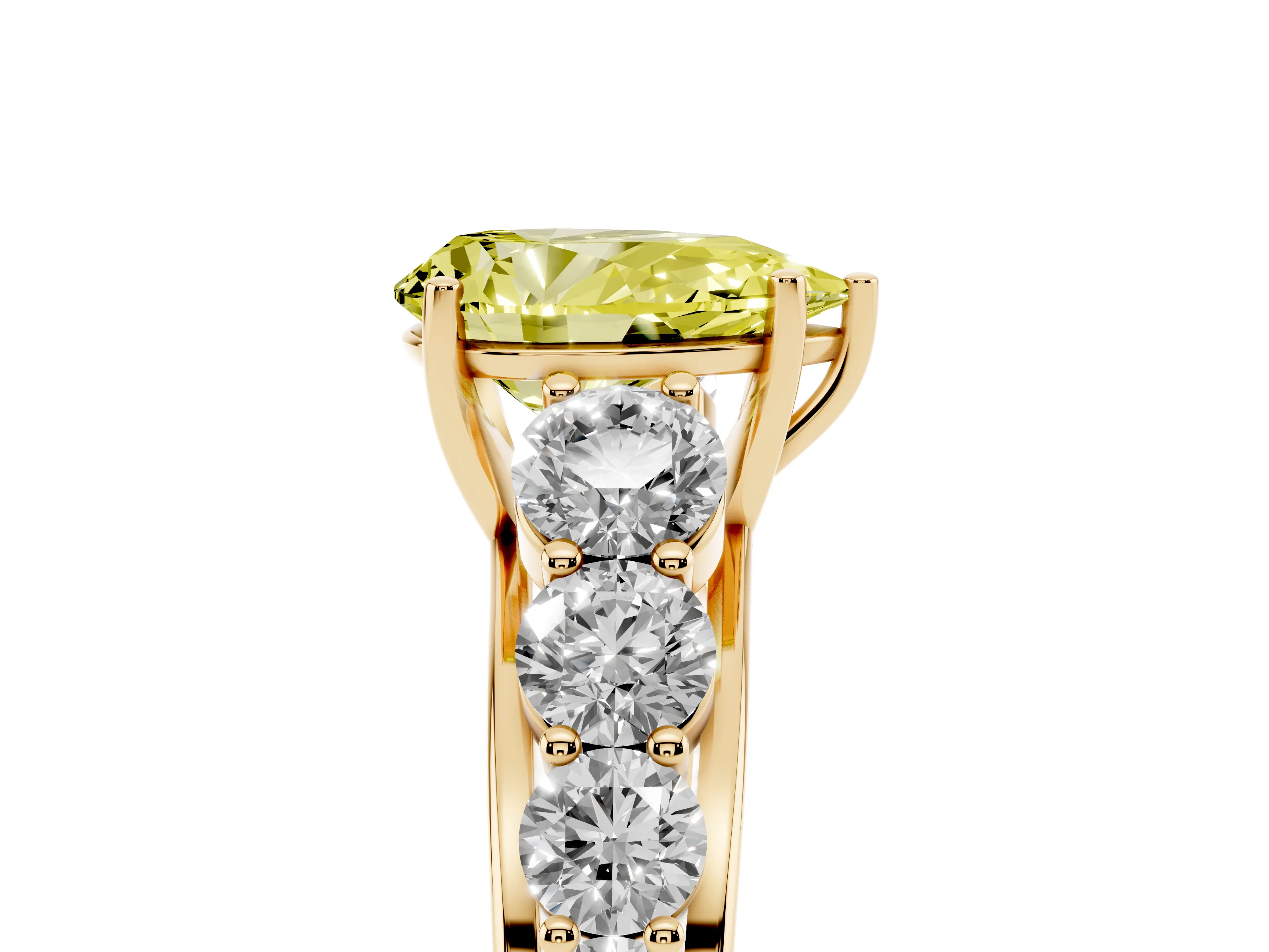 Fancy Yellow Pear Cut Diamond Solitaire Ring Set in Yellow gold with Pavé-Set Band and Prong Setting
