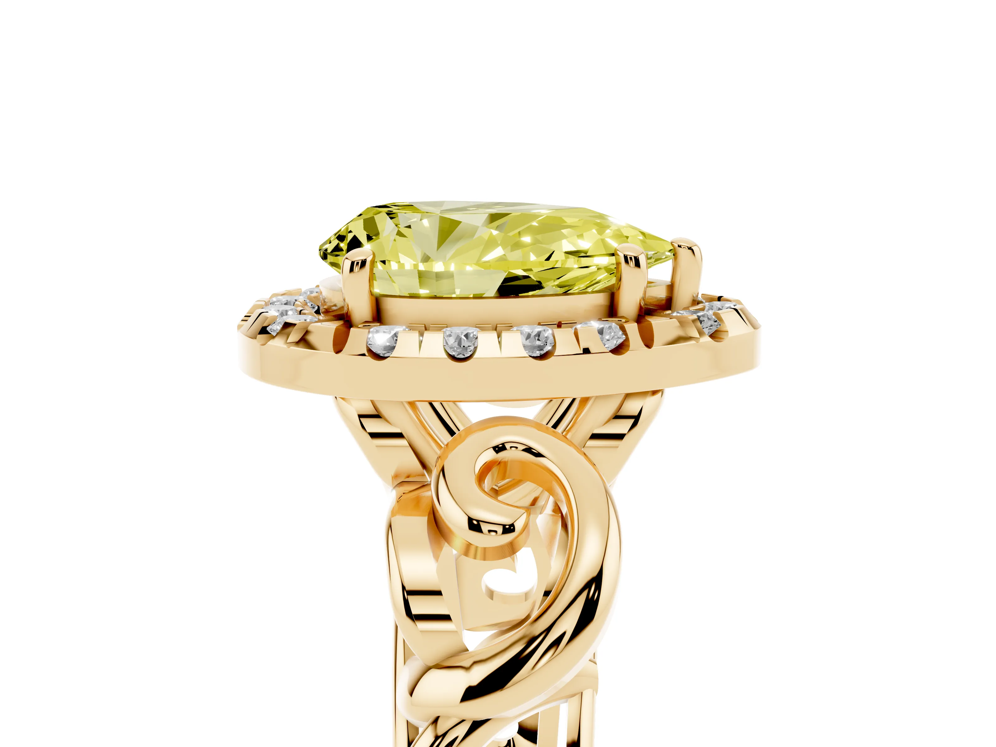 Fancy Yellow Pear Cut Diamond Halo Ring Set in Yellow gold with Scrollwork Band and Prong Setting
