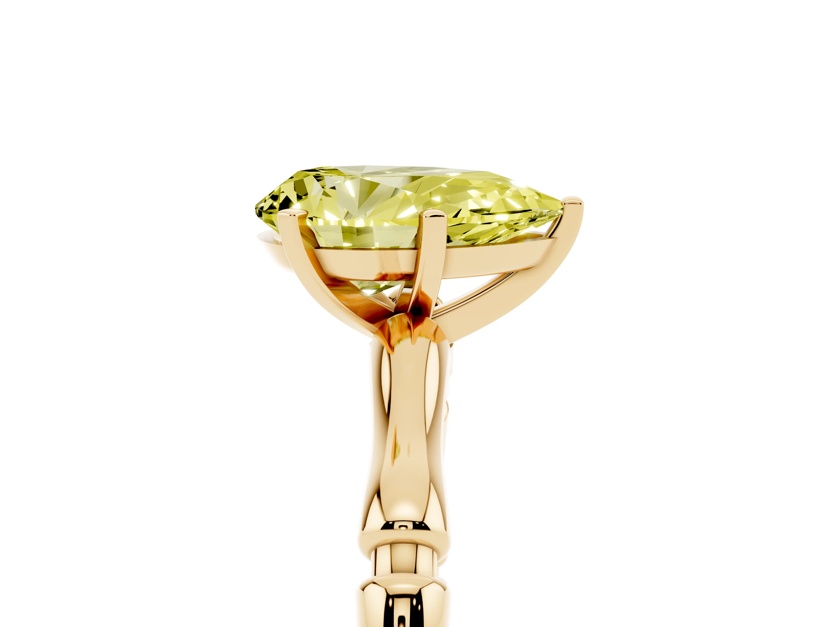 Fancy Yellow Pear Cut Diamond Solitaire Ring Set in Yellow gold with Bamboo Band and Prong Setting