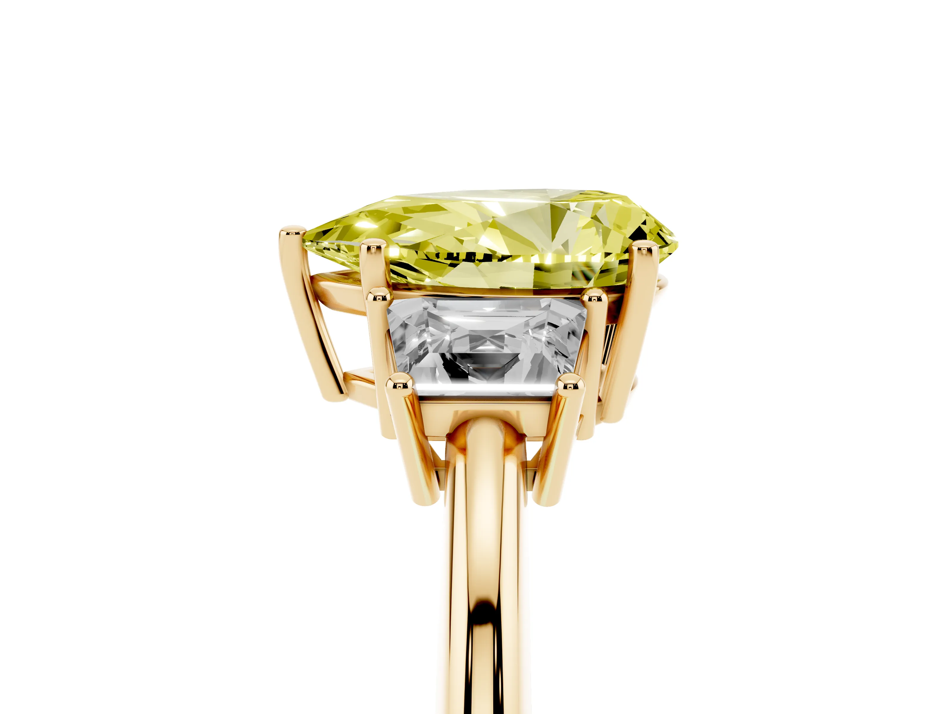 Fancy Yellow Pear Cut Diamond Three-Stone Ring Set in Yellow gold with Trapezoid Side Stones and Prong Setting