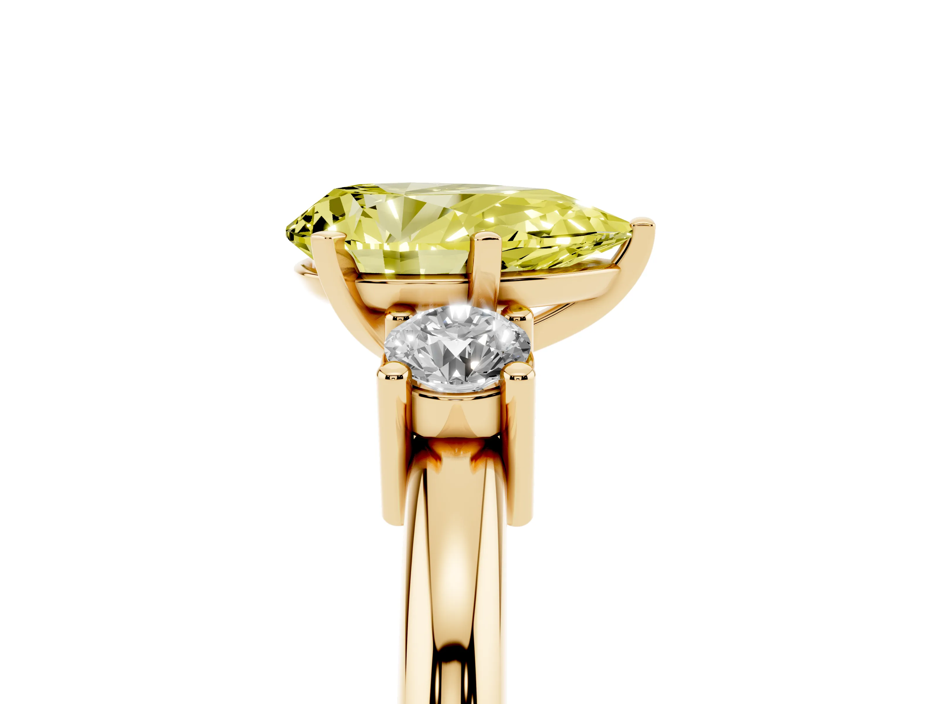 Fancy Yellow Three-Stone Pear Cut Diamond Ring Set in Yellow gold with Prong Setting and Plain Band