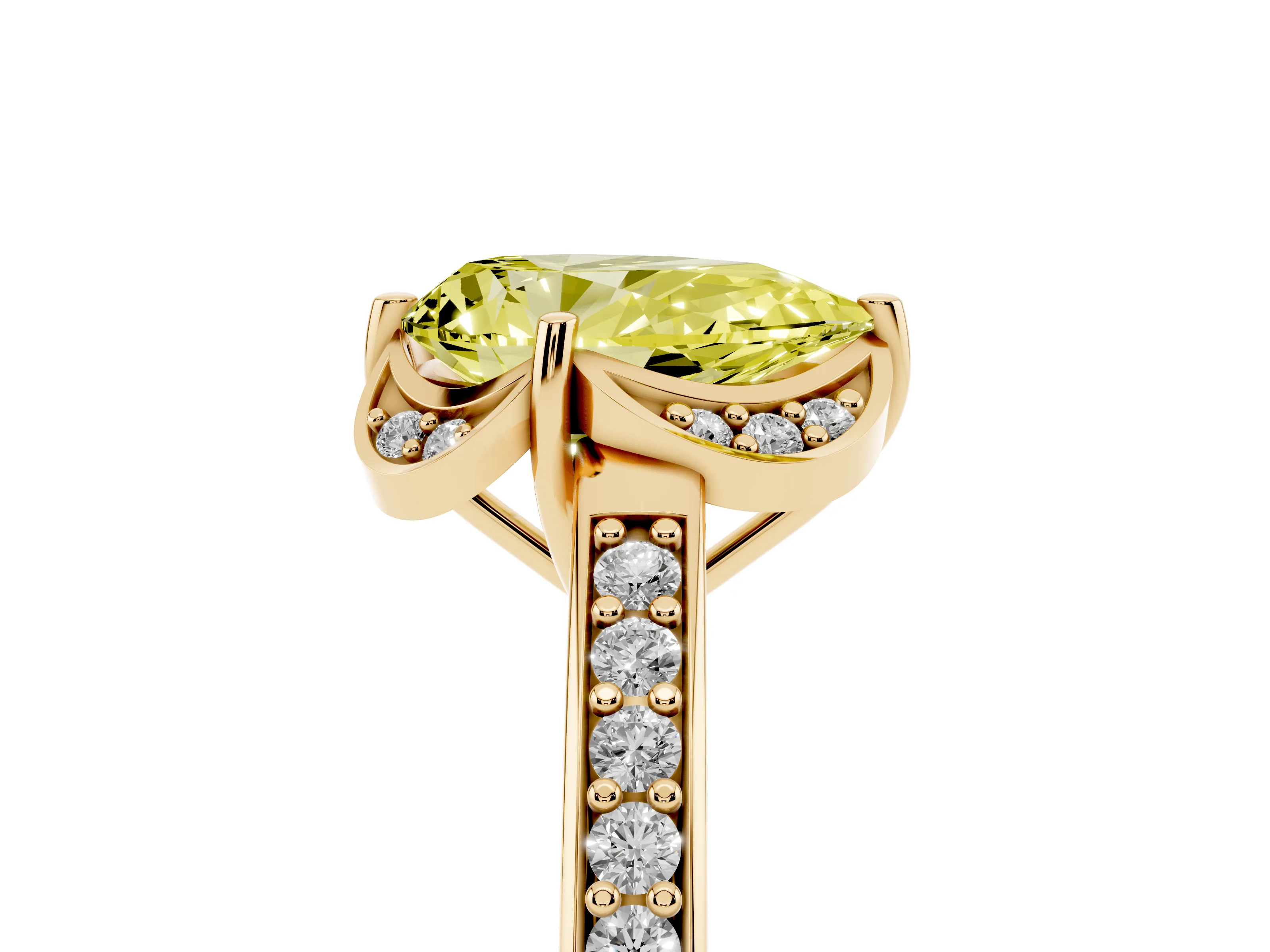 Fancy Yellow Pear Cut Diamond Halo Ring Set in Yellow gold with Channel Set Band and Prong Setting