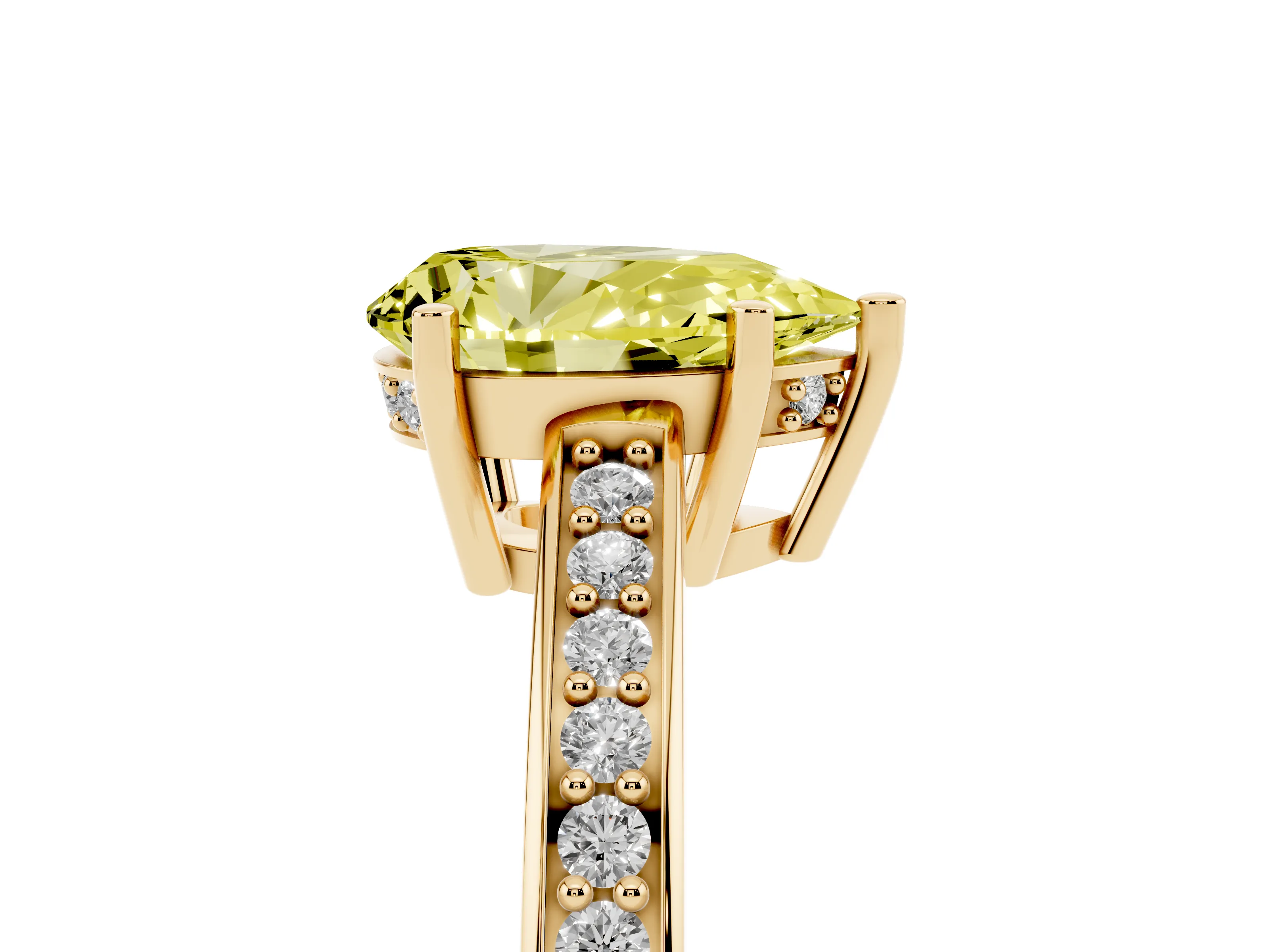 Fancy Yellow Pear Cut Diamond Pavé Band Prong Set Solitaire Ring Set in Yellow gold