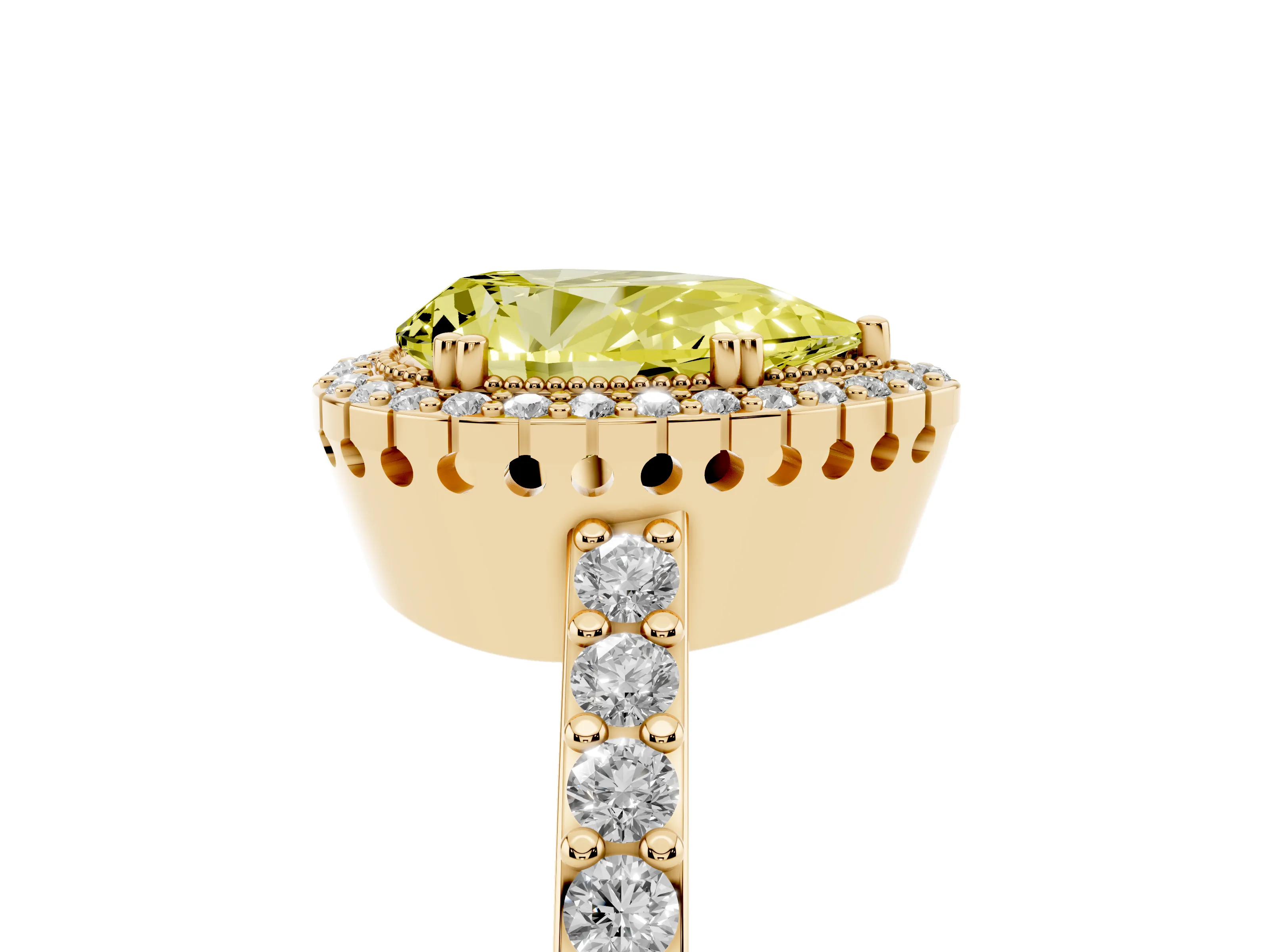 Fancy Yellow Pear Cut Diamond Halo Engagement Ring Set in Yellow gold with Milgrain Detail and Pavé Band