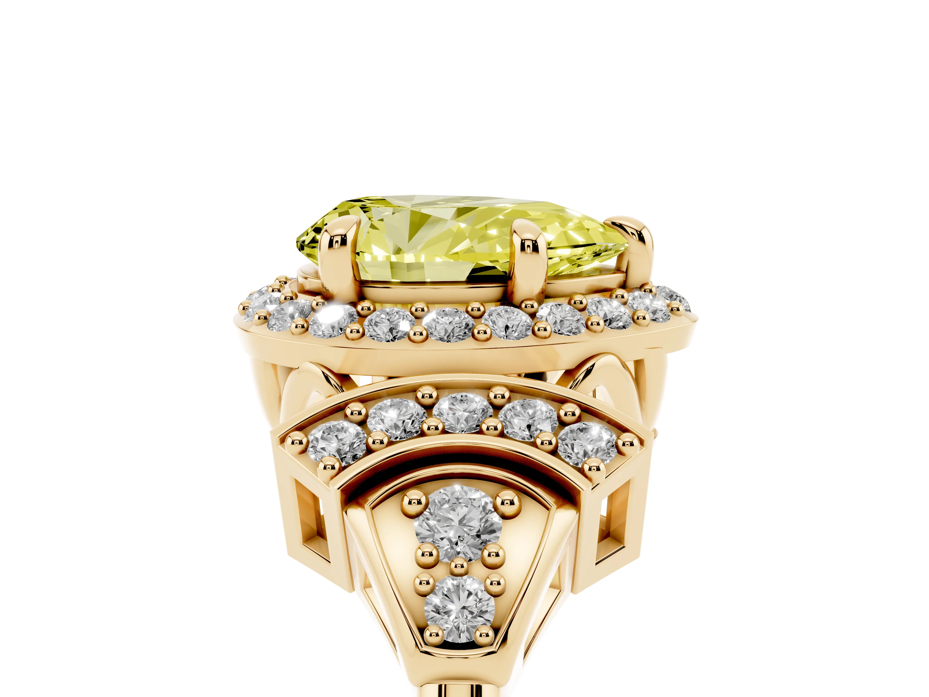 Fancy Yellow Pear Cut Diamond Halo Engagement Ring Set in Yellow gold with Accent Stone Split Shank