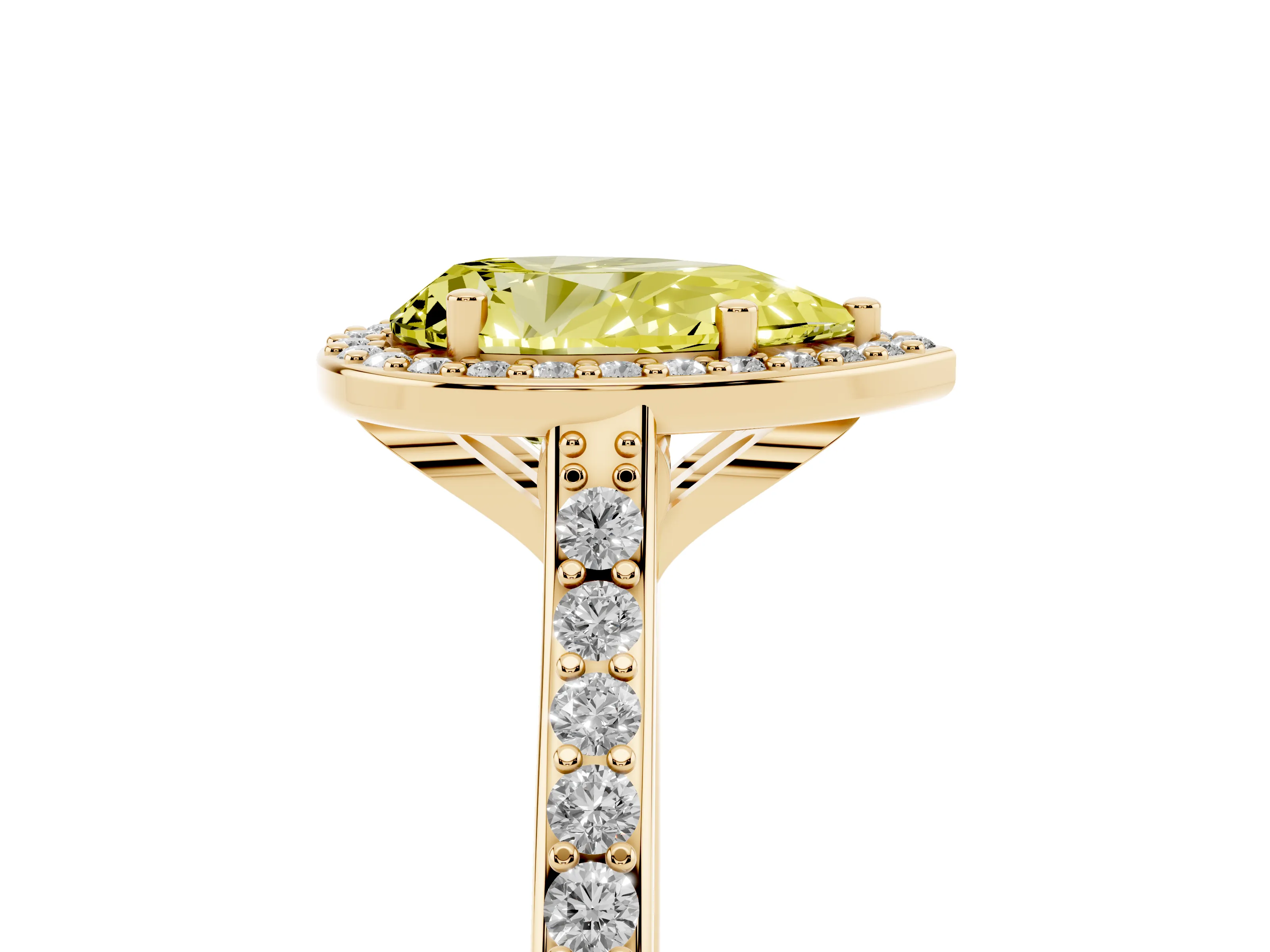 Fancy Yellow Pear Cut Diamond Halo Engagement Ring Set in Yellow gold with Round Pavé Shoulders and Heart Gallery