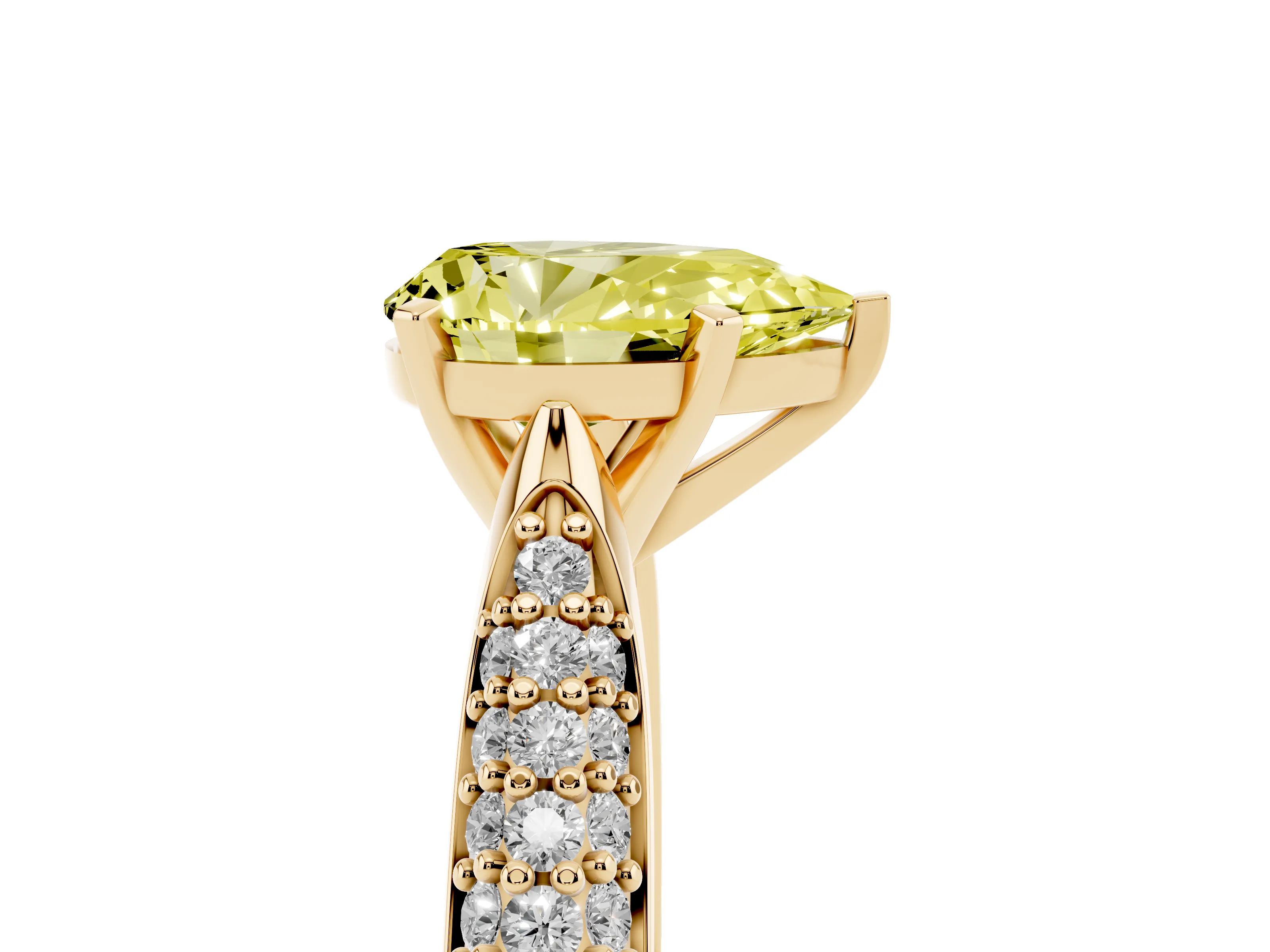 Fancy Yellow Pear Cut Diamond Solitaire Engagement Ring Set in Yellow gold with Multi-Row Round Pavé Band and Prong Setting