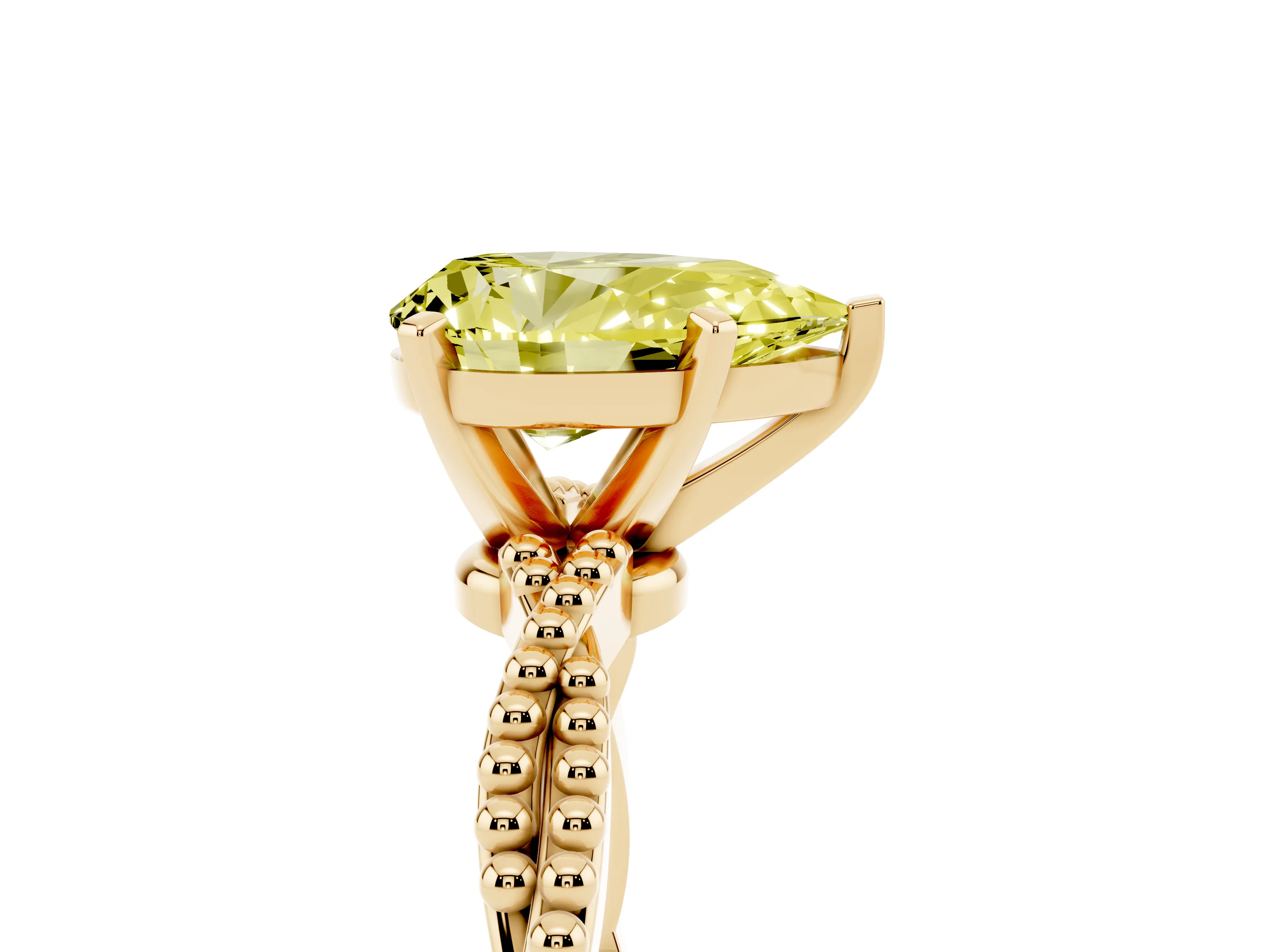 Fancy Yellow Pear Cut Diamond Solitaire Ring Set in Yellow gold with Twisted Band and Bead Prong Setting