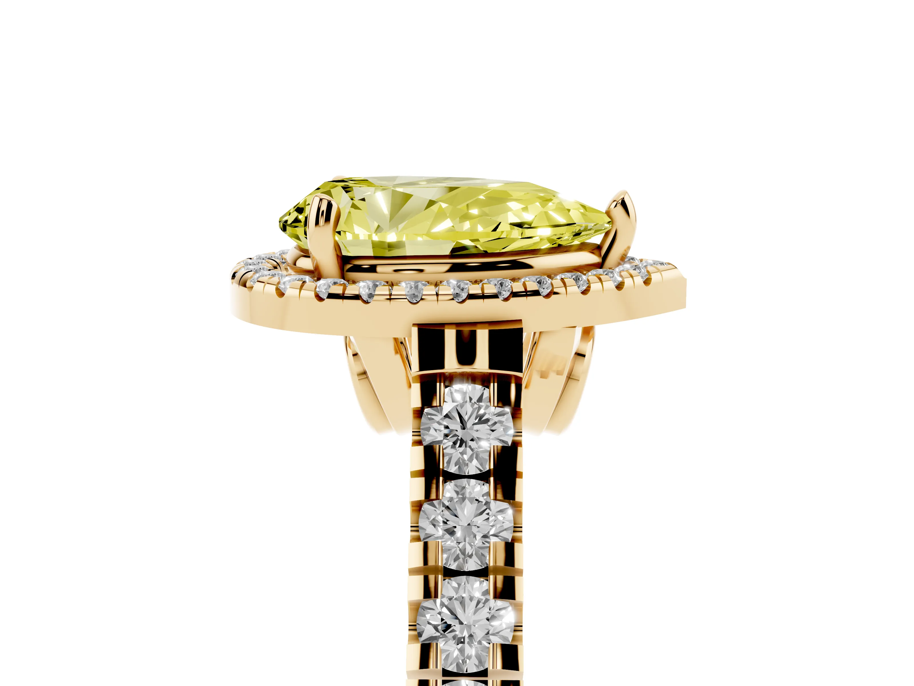 Fancy Yellow Pear Cut Diamond Halo Engagement Ring Set in Yellow gold with Pavé Band and Prong-Set Center