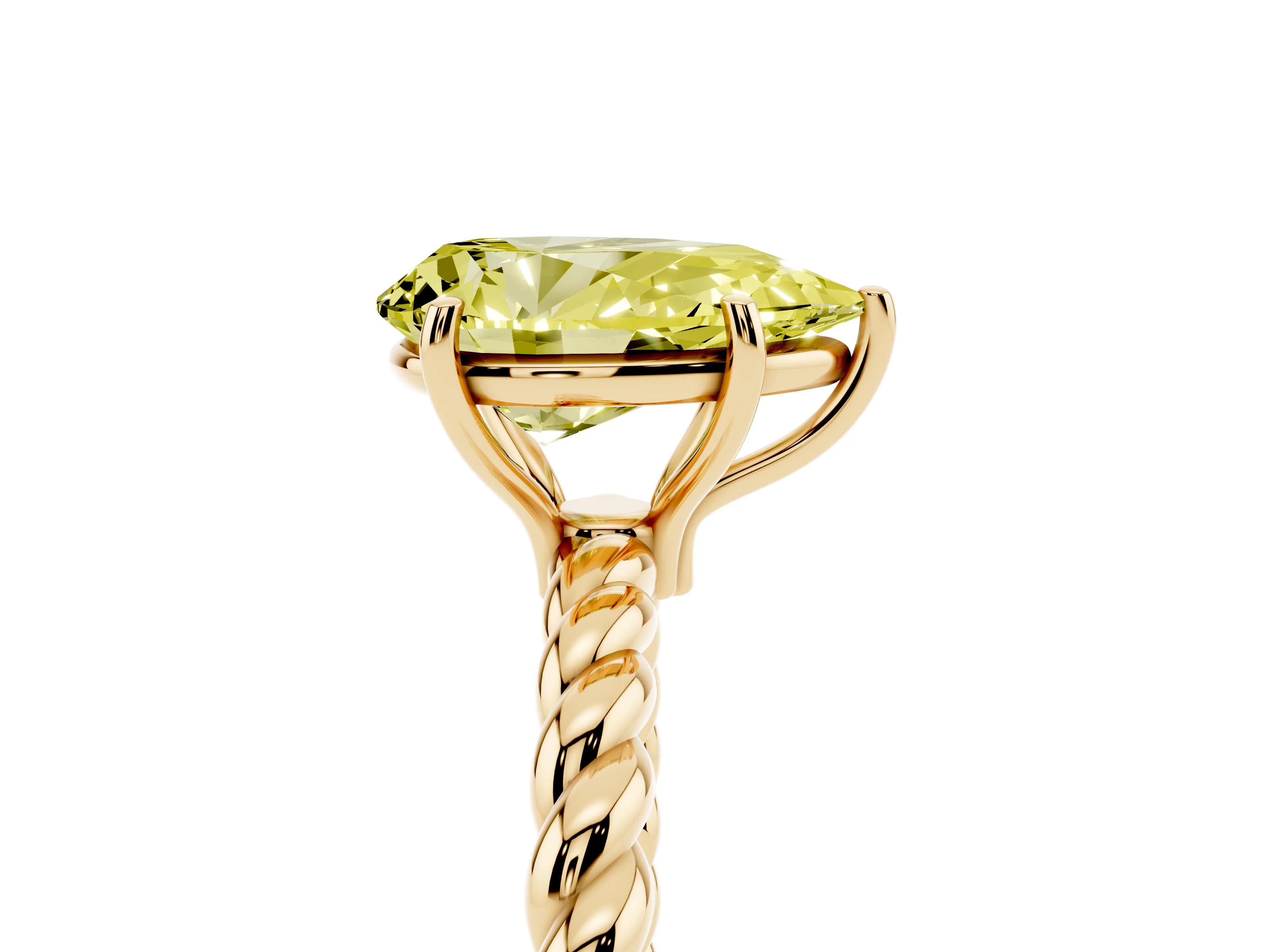 Fancy Yellow Pear Cut Diamond Solitaire Ring Set in Yellow gold with Twist Band and Prong Setting