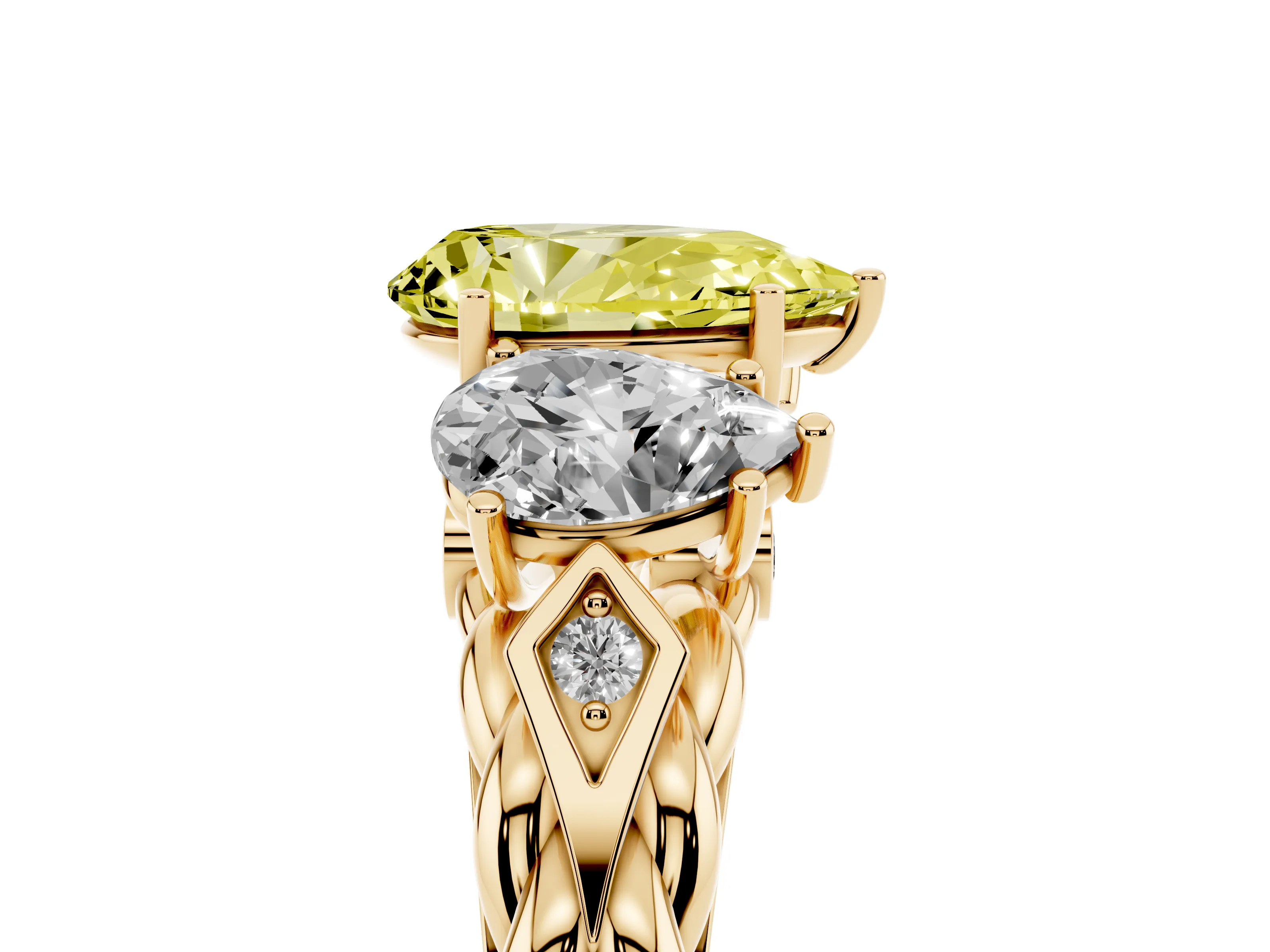 Fancy Yellow Pear Cut Diamond Three-Stone Ring Set in Yellow gold with Braided Band