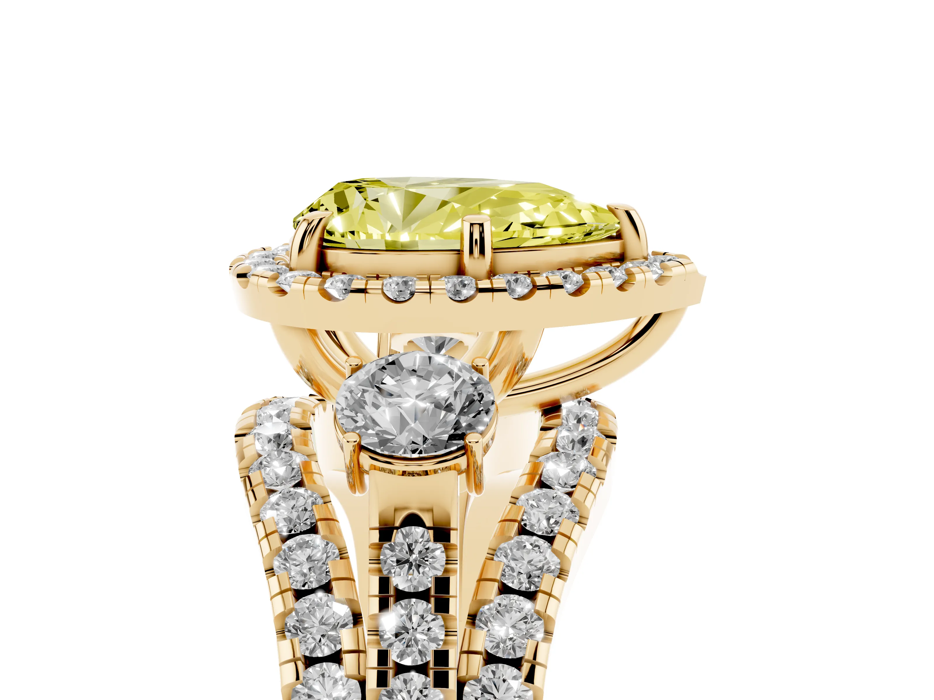 Fancy Yellow Pear Cut Diamond Halo Split Shank Ring Set in Yellow gold with Round Accent Stones and Prong Setting