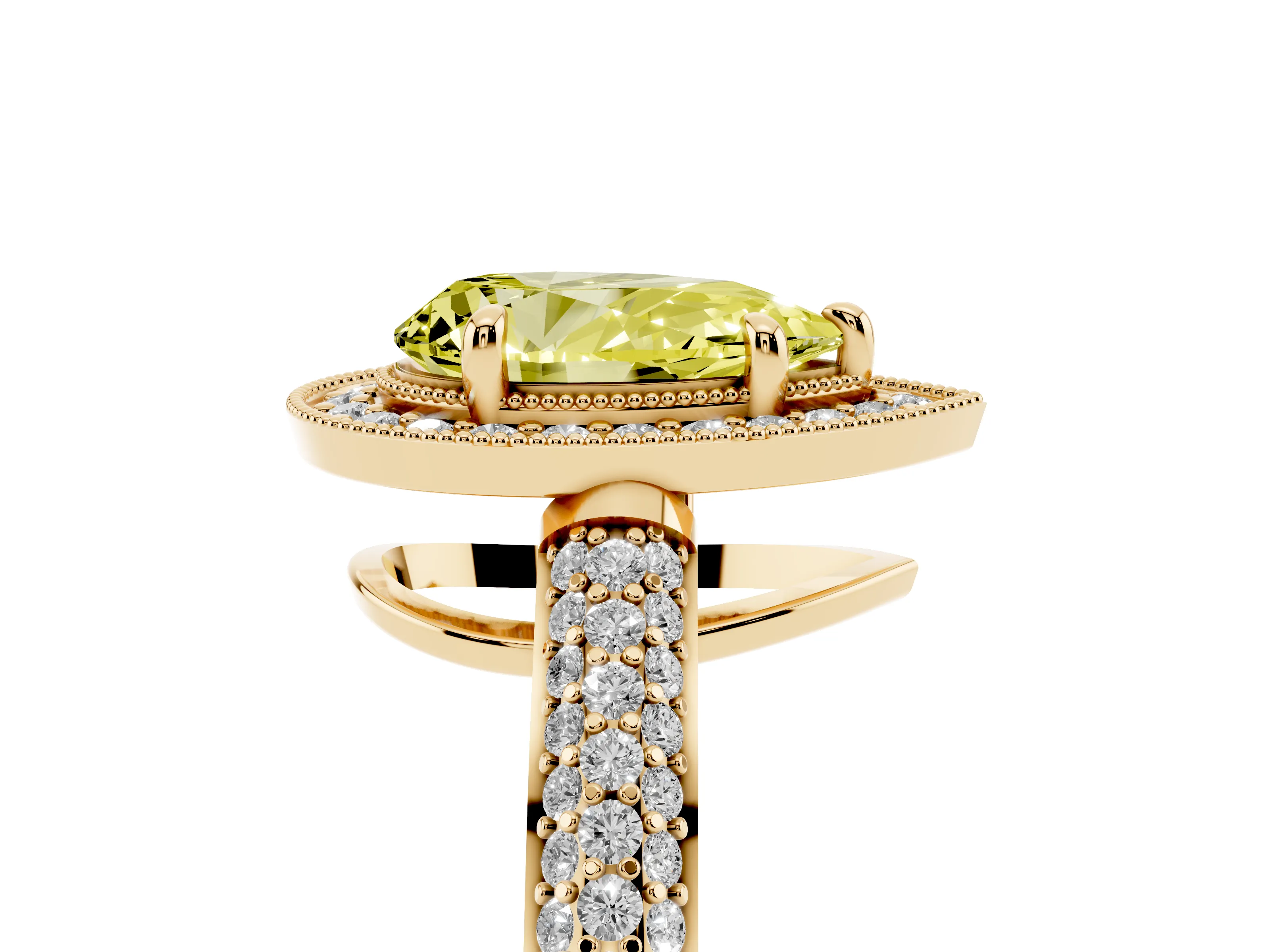 Fancy Yellow Pear Cut Diamond Halo Pavé Band Set in Yellow gold with Prong Setting