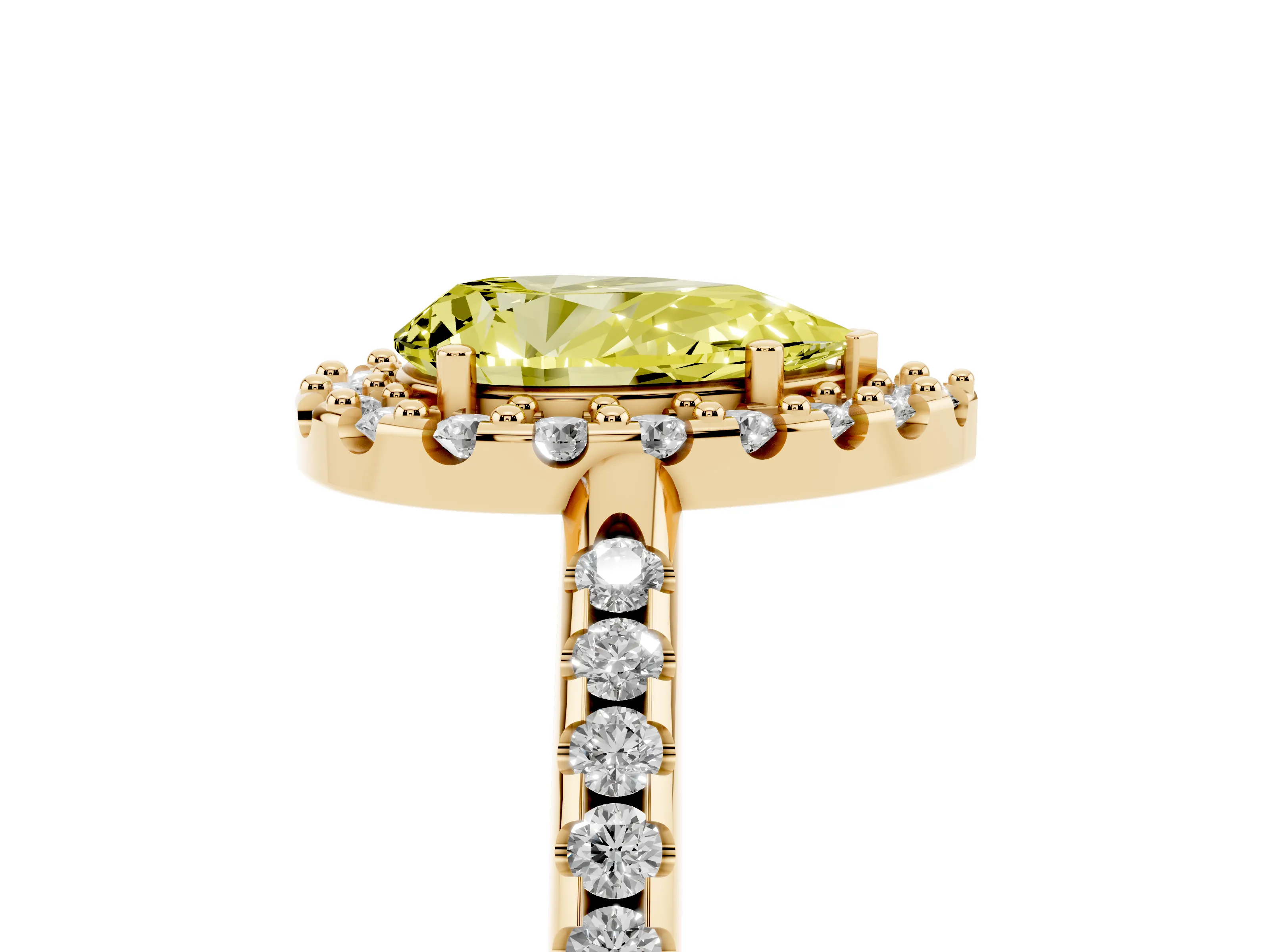 Fancy Yellow Pear Cut Diamond Pavé Halo Ring Set in Yellow gold with Prong Setting