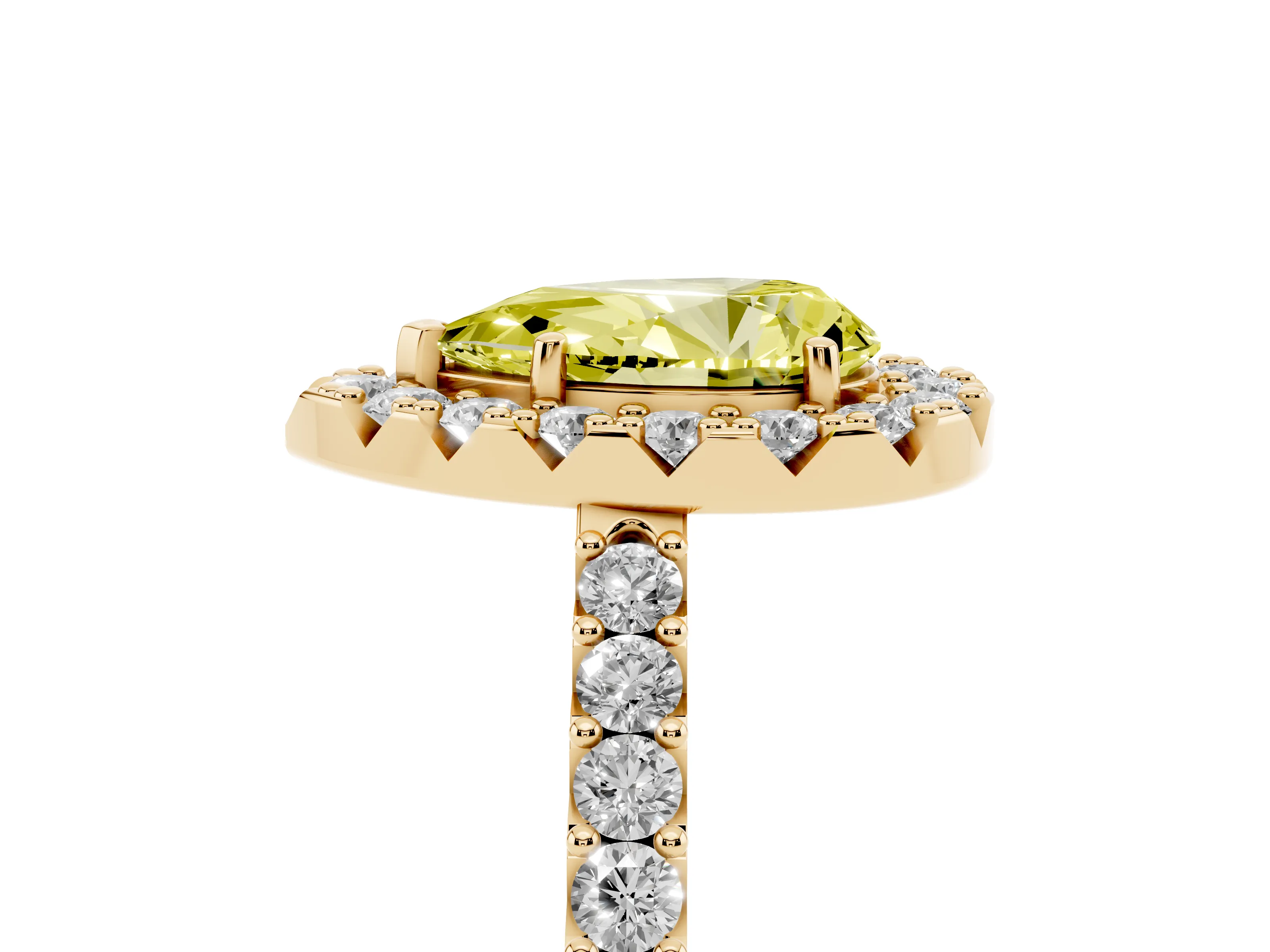 Fancy Yellow Pear Cut Diamond Halo Pavé Solitaire Ring Set in Yellow gold with Prong-Set Center Stone