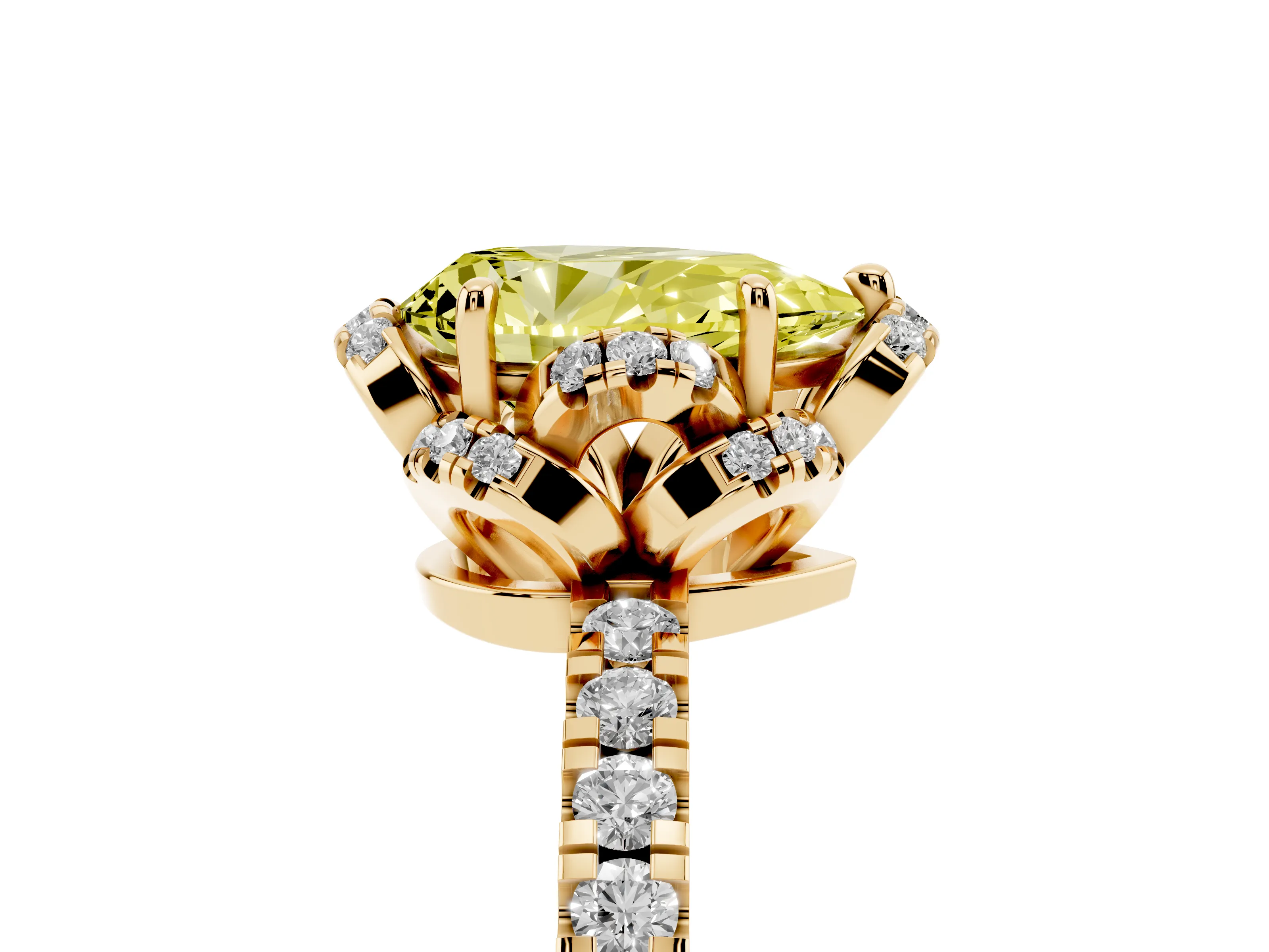 Fancy Yellow Pear Cut Diamond Halo Pavé Band Ring Set in Yellow gold with Prong-Held Center