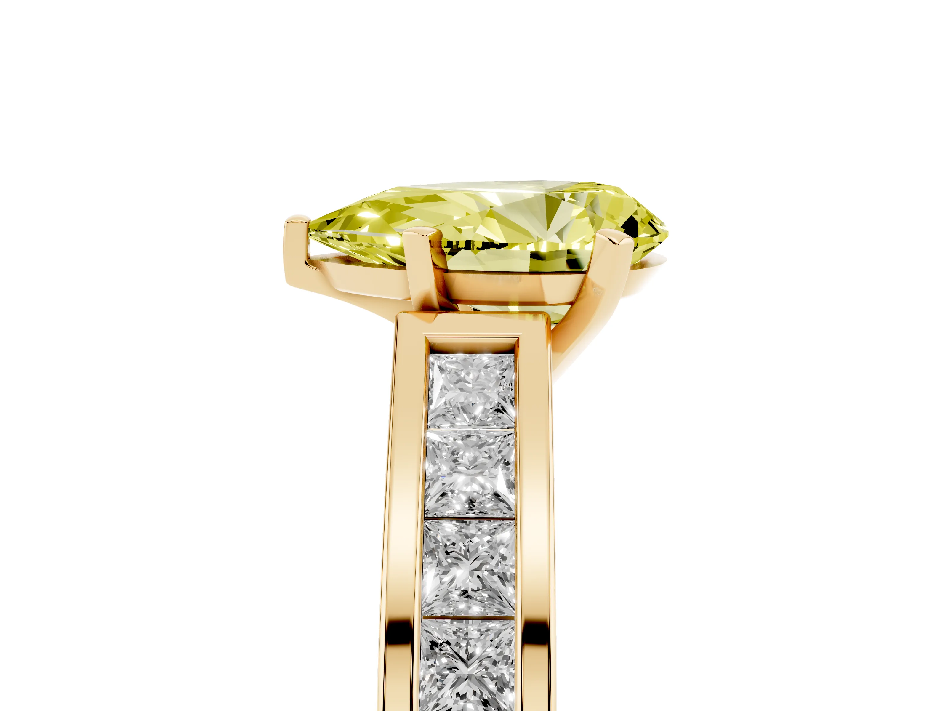 Fancy Yellow Pear Cut Diamond Solitaire Ring Set in Yellow gold with Channel-Set Band and Prong Setting