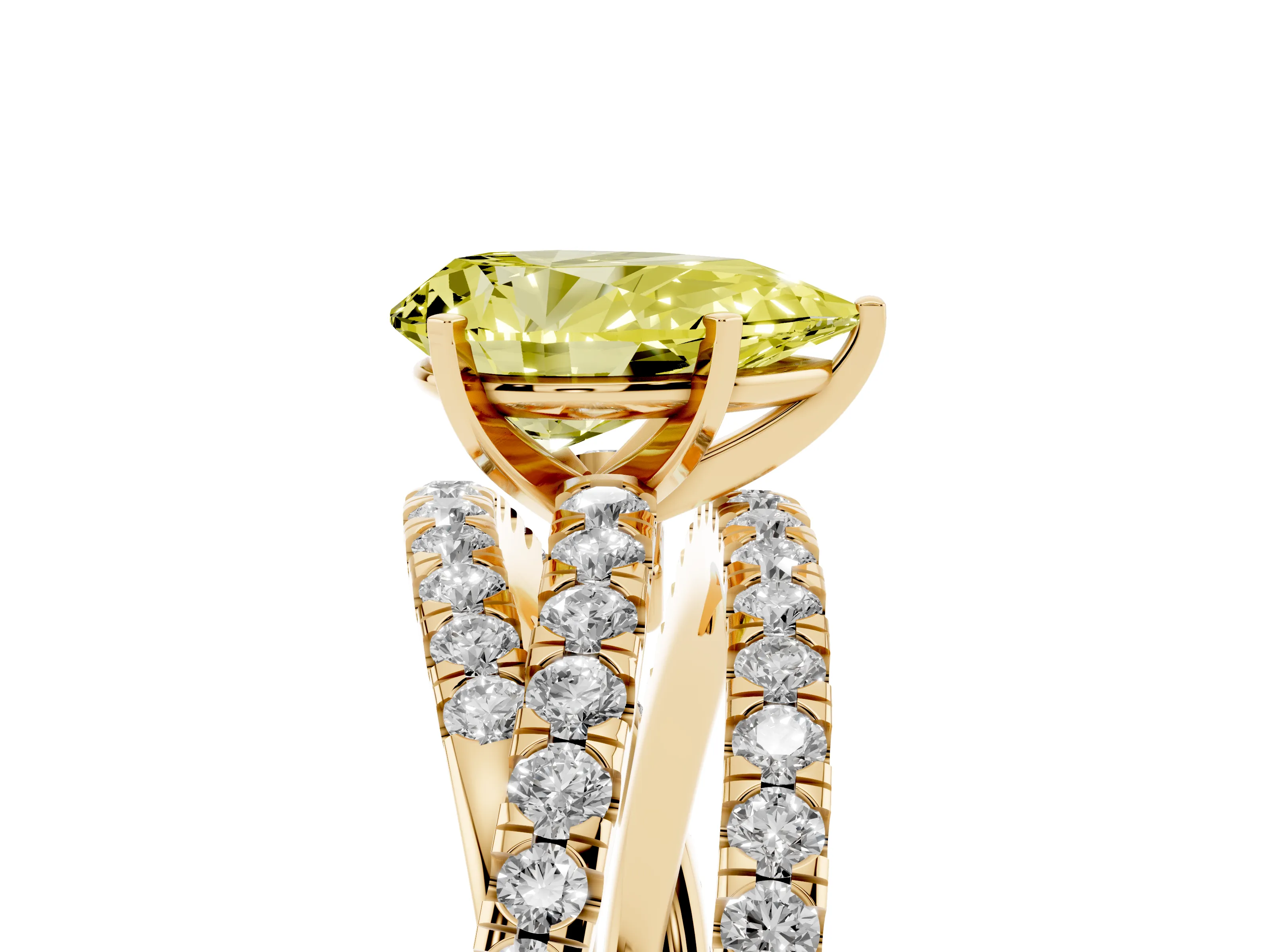 Fancy Yellow Pear Cut Diamond Solitaire Twist Band Ring Set in Yellow gold with Pavé Setting and Prong Head