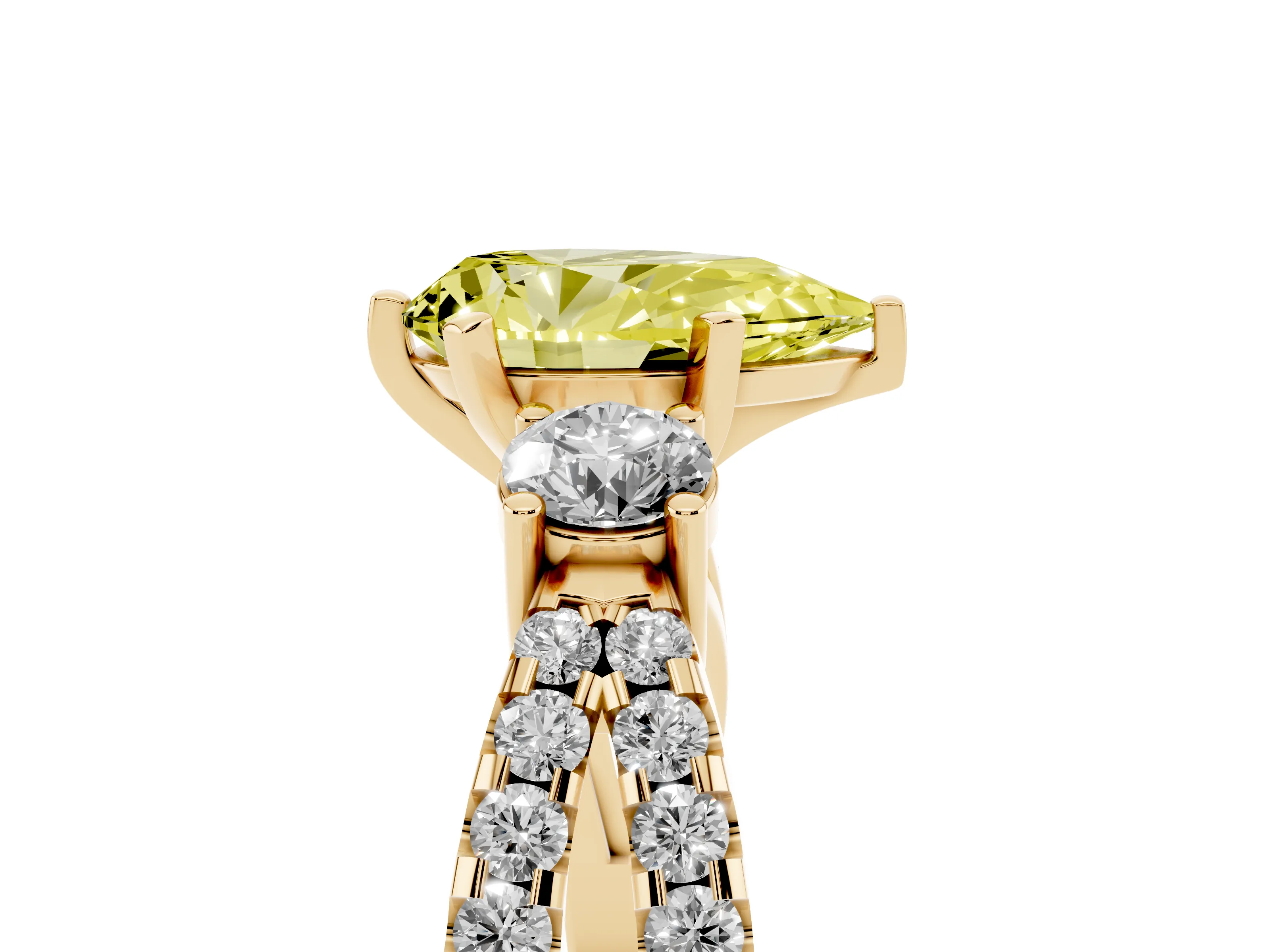 Fancy Yellow Pear Cut Diamond Three-Stone Ring Set in Yellow gold with Pavé Split Shank and Prong Setting