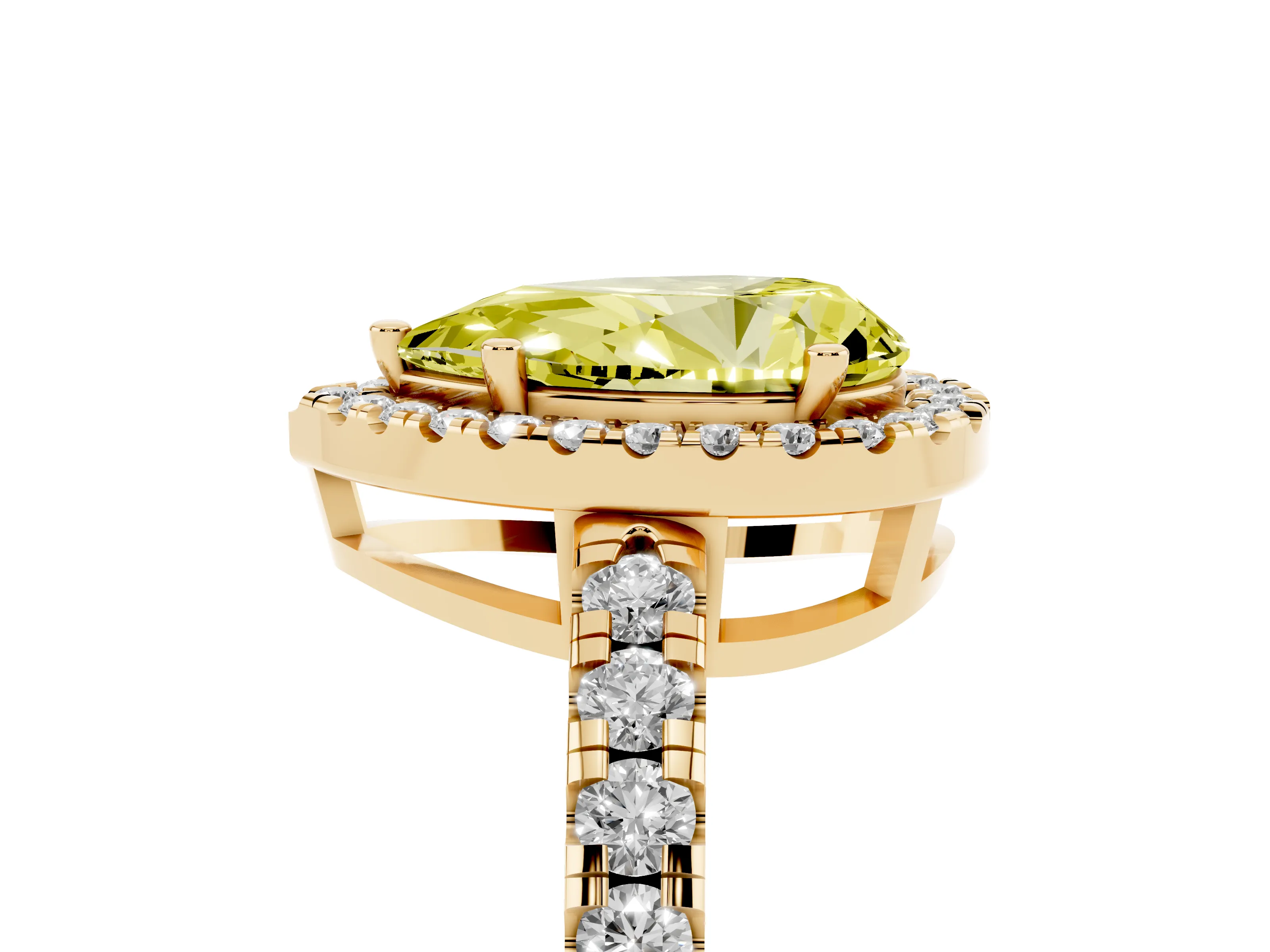 Fancy Yellow Pear Cut Diamond Halo Ring Set in Yellow gold with Delicate Pavé Band and Prong Setting
