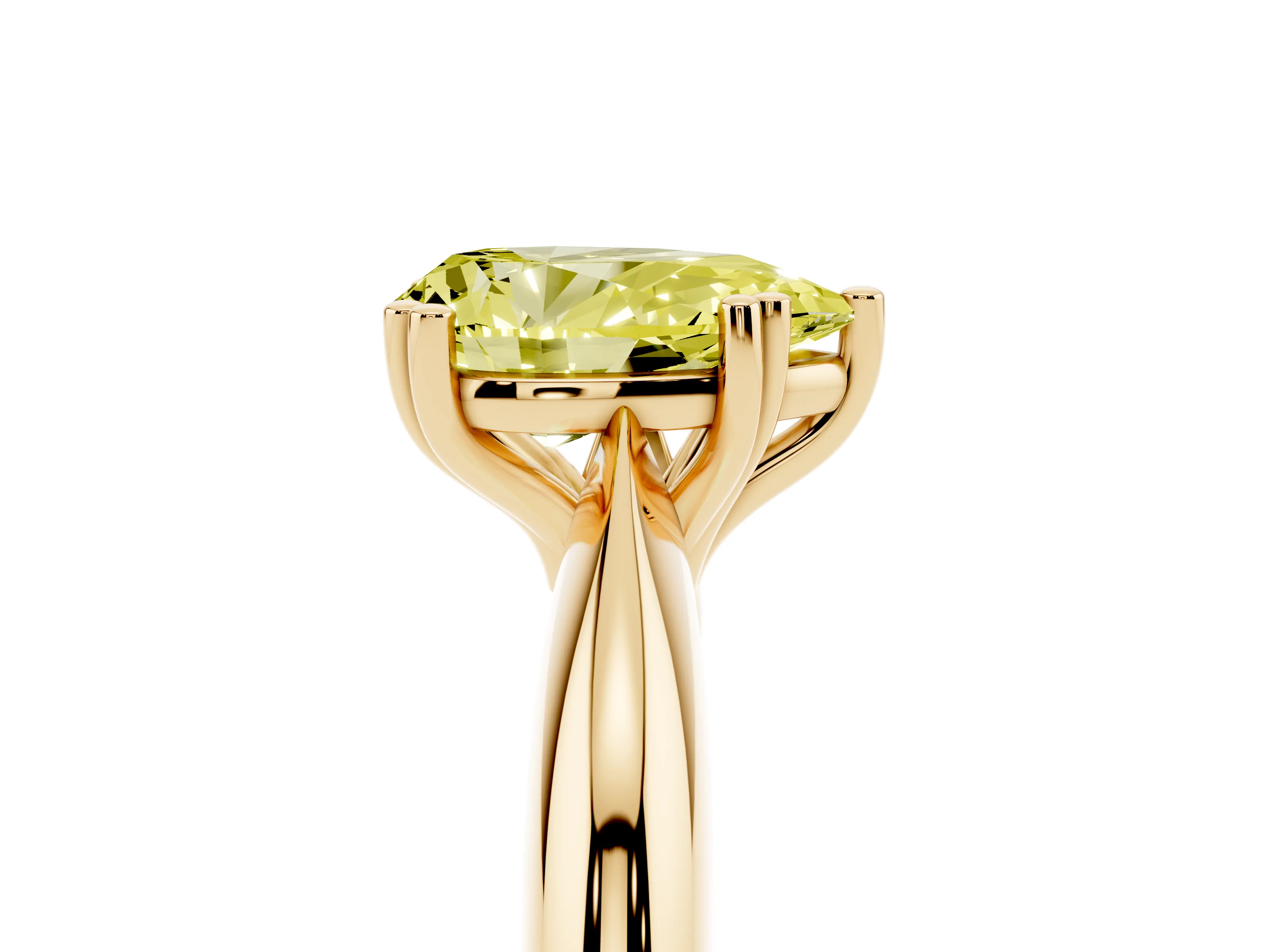 Fancy Yellow Pear Cut Diamond Solitaire Engagement Ring Set in Yellow gold with Tapered Band and Prong Setting