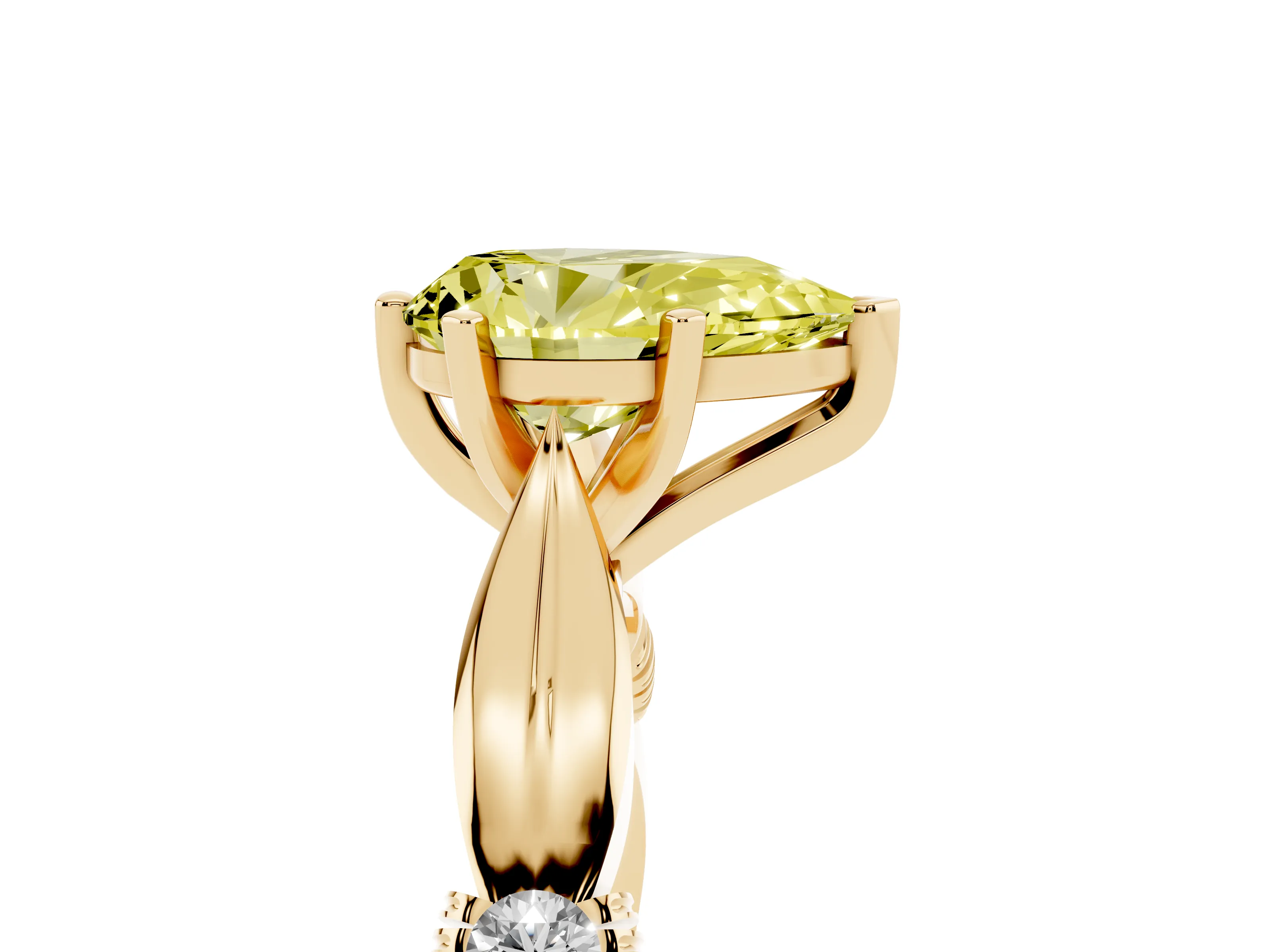 Fancy Yellow Pear Cut Diamond Solitaire Twisted Band Ring Set in Yellow gold with Accent Stones and Prong Setting