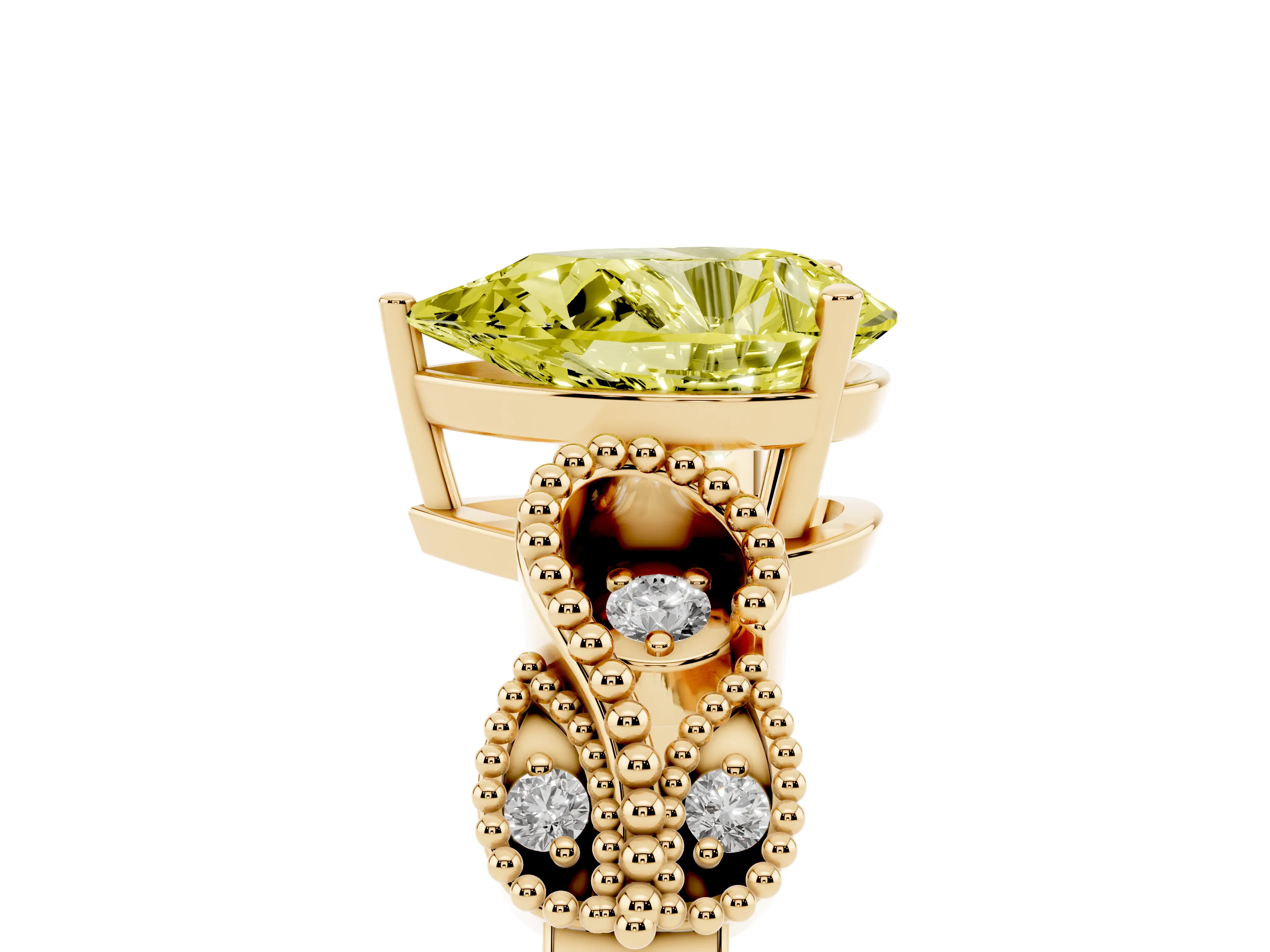 Fancy Yellow Pear Cut Diamond Milgrain Leaf Band Solitaire Ring Set in Yellow gold with Accent Stones and Prong Setting