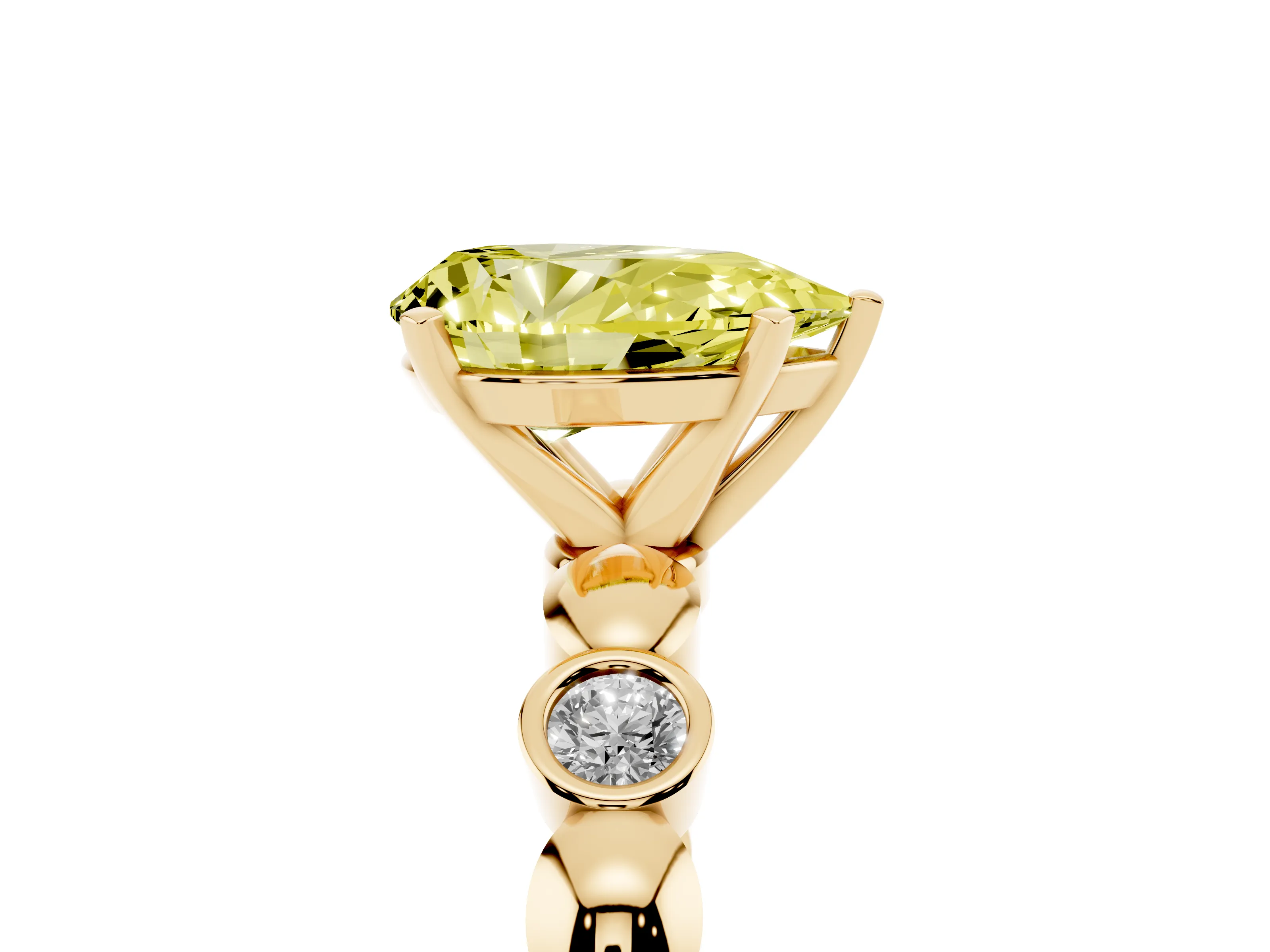 Fancy Yellow Pear Cut Diamond Solitaire Ring Set in Yellow gold with Bezel-Set Accents on Beaded Band and Prong Setting
