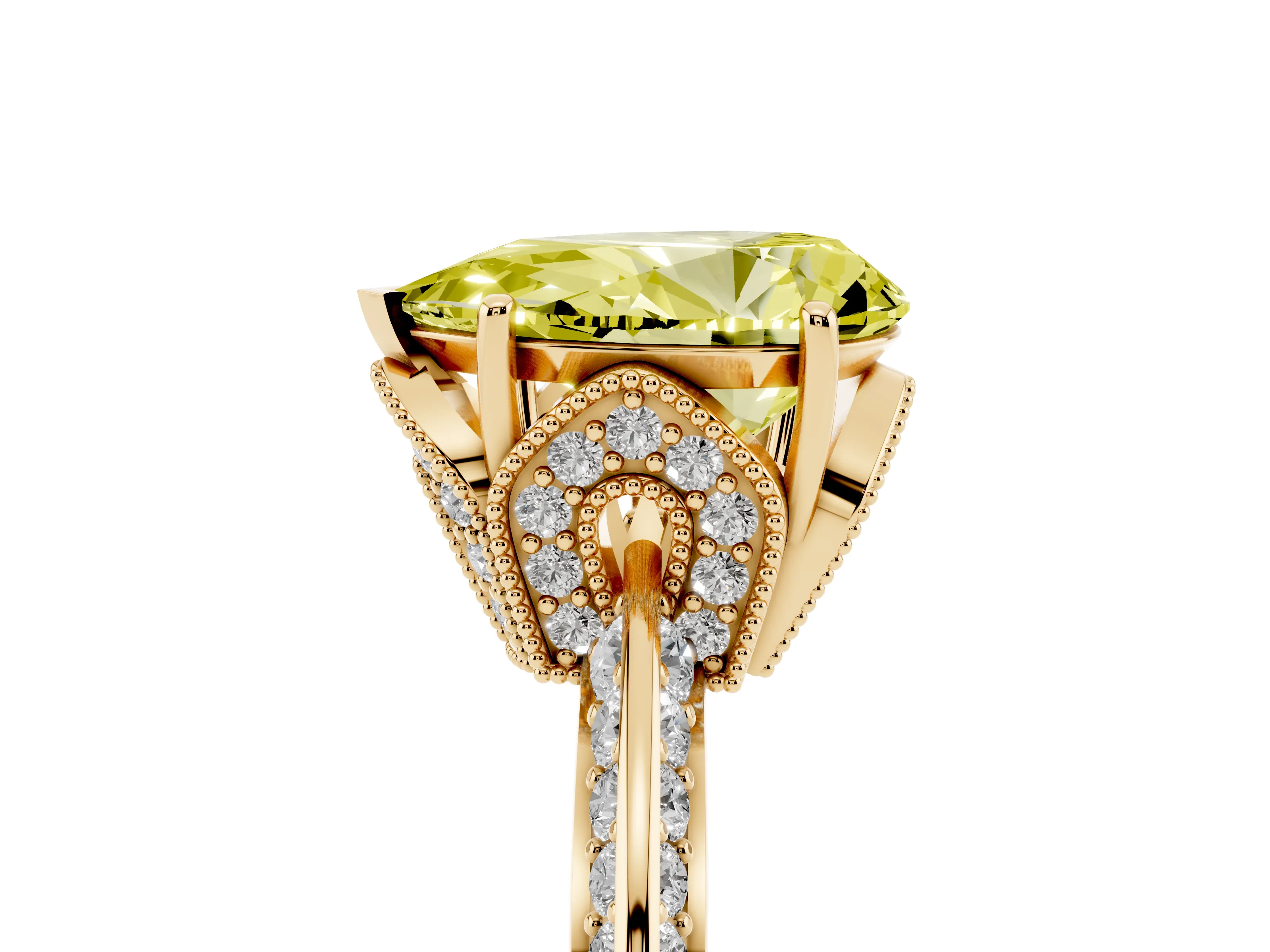 Fancy Yellow Pear Cut Diamond Solitaire Engagement Ring Set in Yellow gold with Pavé Split Shank and Prong Setting