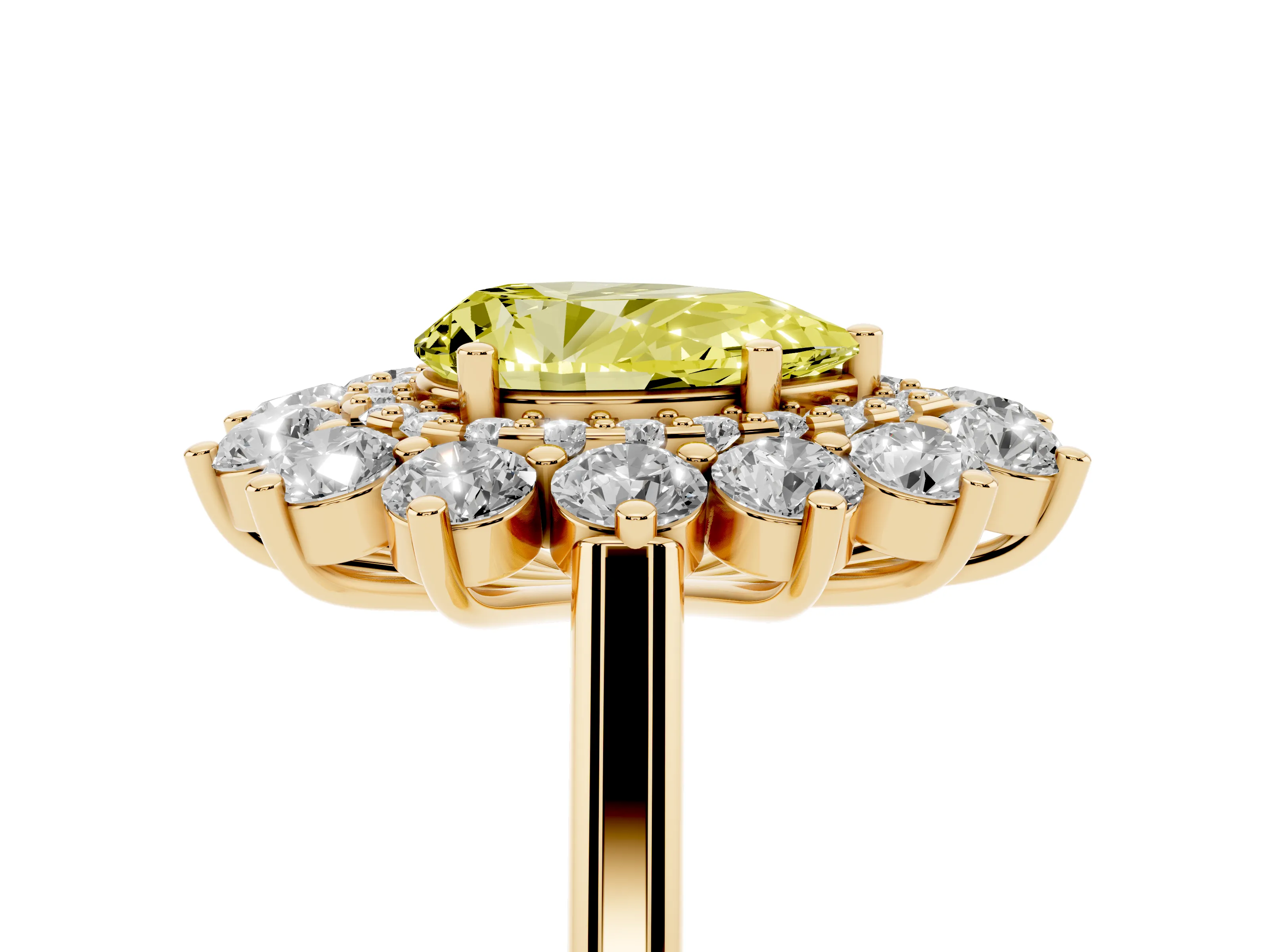 Fancy Yellow Pear Cut Diamond Floral Double Halo Ring Set in Yellow gold with Round Petals