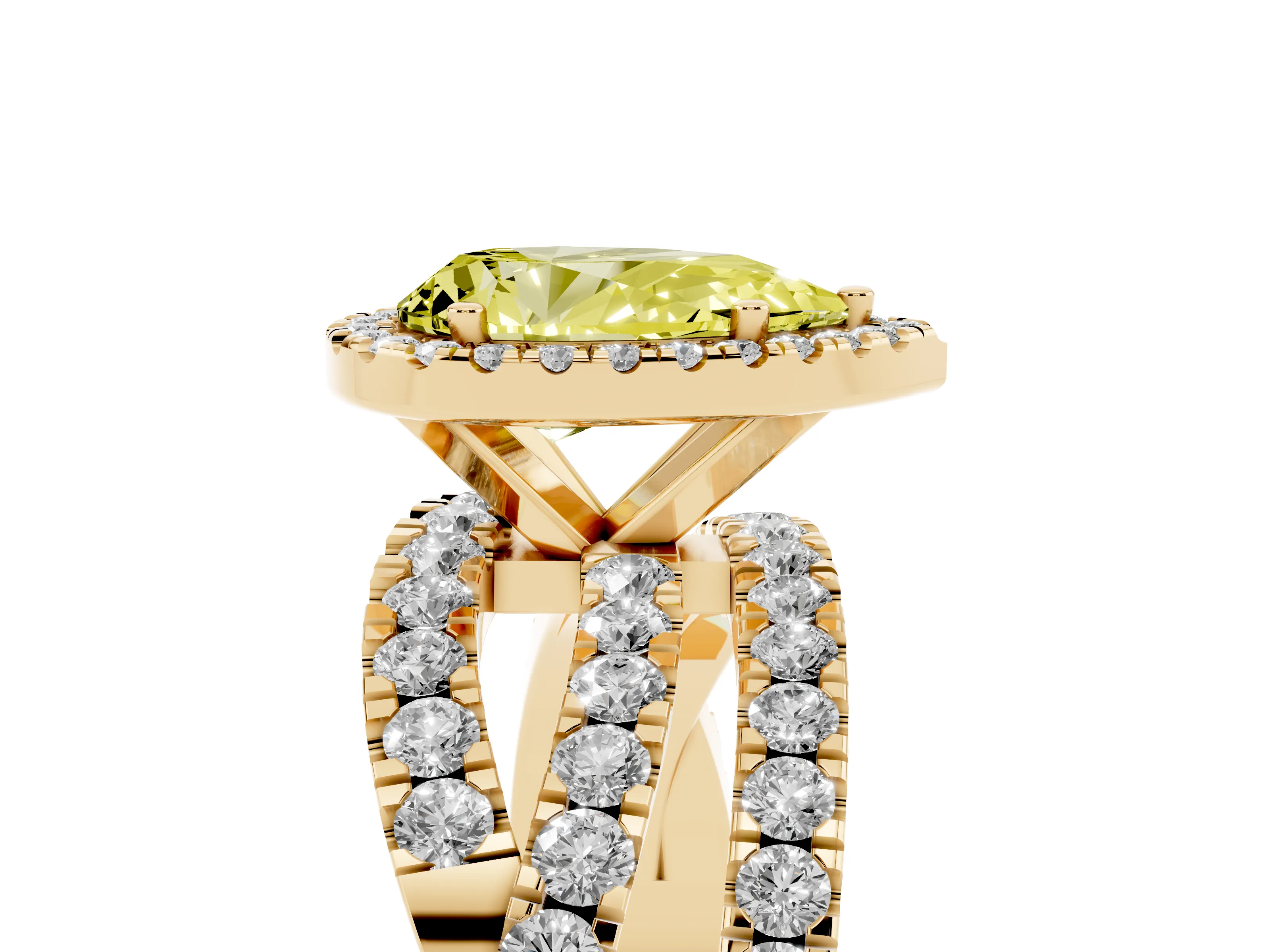 Fancy Yellow Pear Cut Diamond Halo Ring Set in Yellow gold with Round Crossover Split Shank and Prong Setting