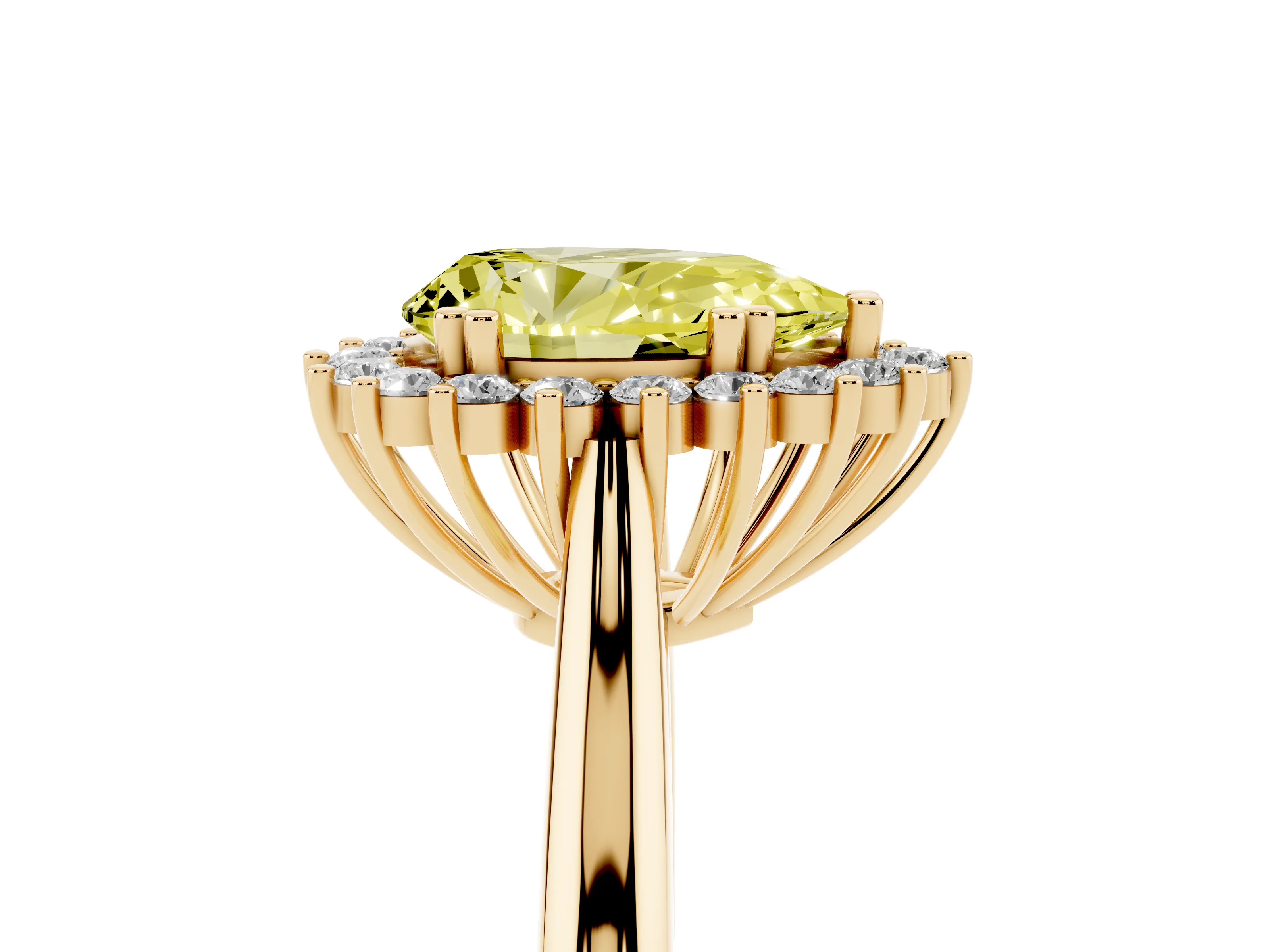Fancy Yellow Pear Cut Diamond Halo Ring Set in Yellow gold with Plain Solitaire Band and Prong Setting