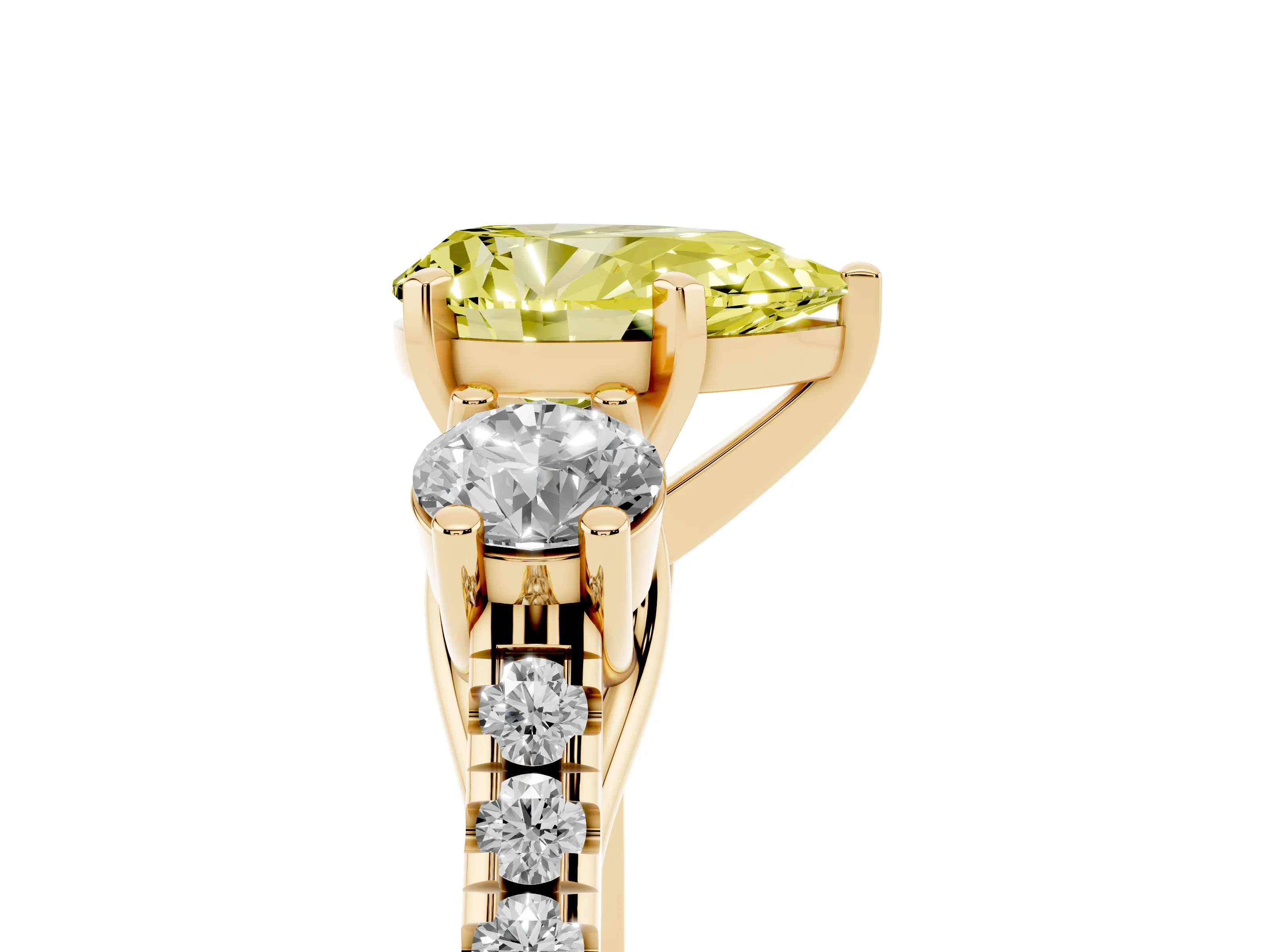 Fancy Yellow Three-Stone Pear Cut Diamond Pavé Band Ring Set in Yellow gold with Prong-Set Trio