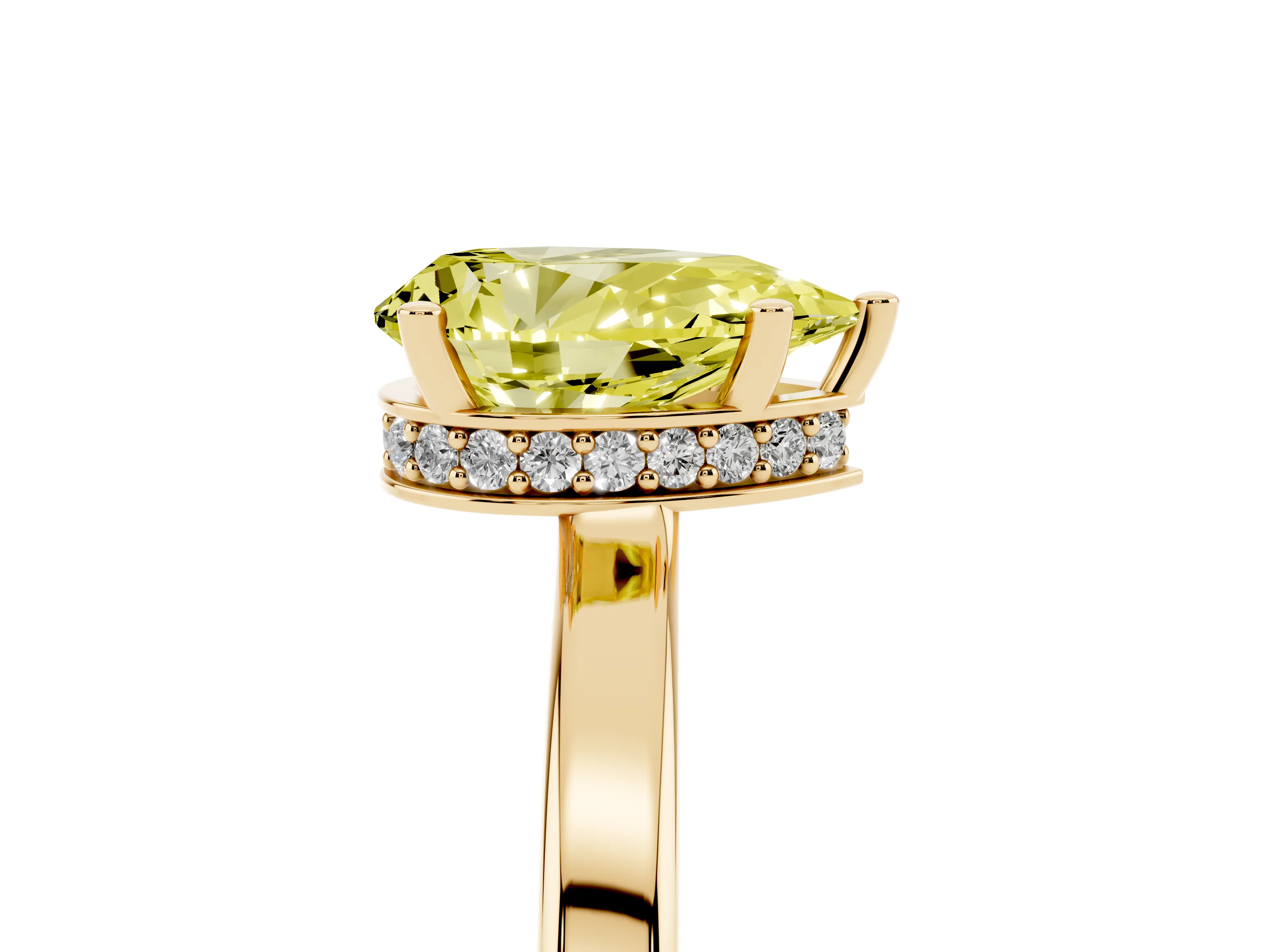 Fancy Yellow Pear Cut Diamond Solitaire Engagement Ring Set in Yellow gold with Prong Setting on a Plain Band
