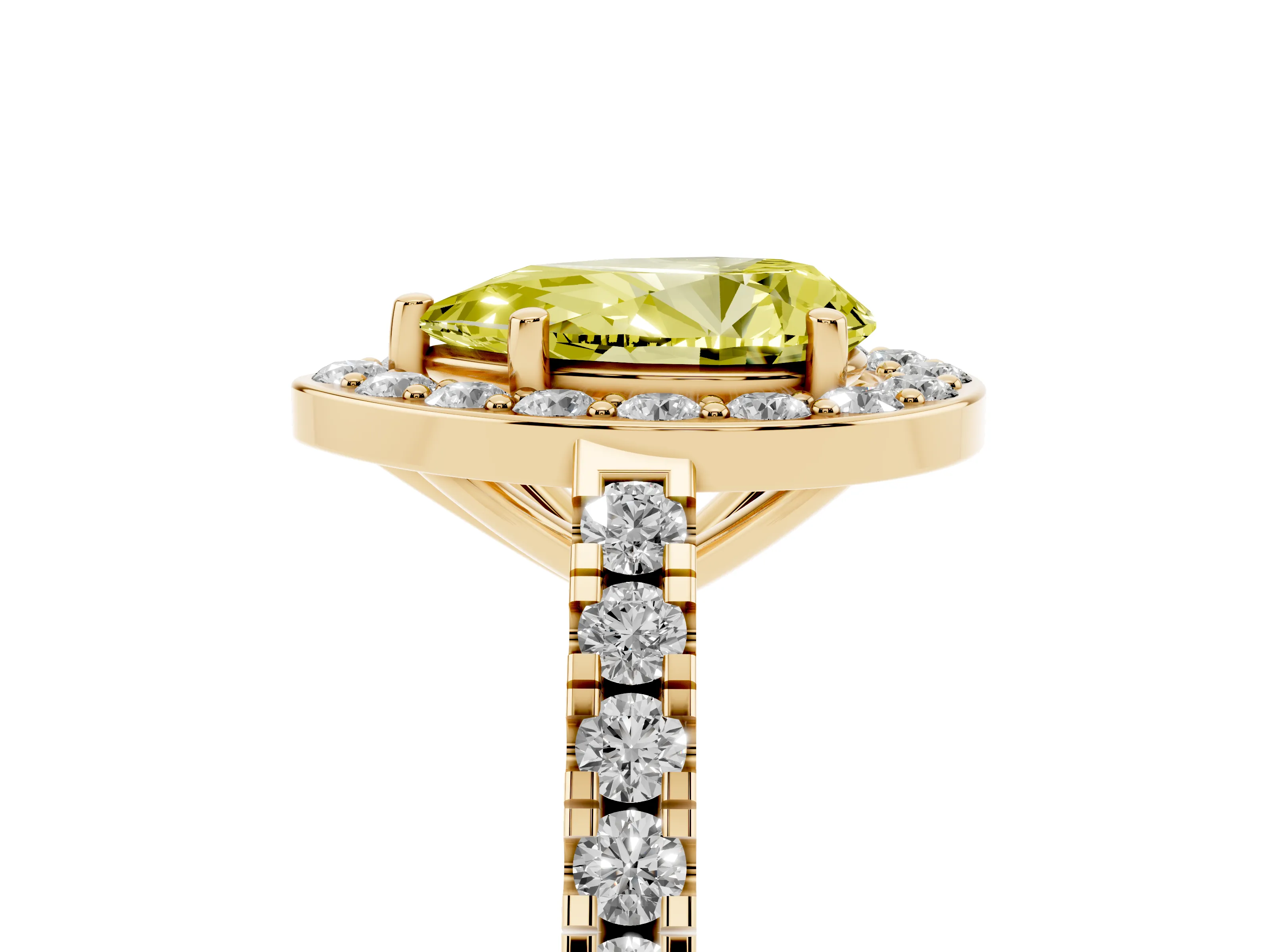 Fancy Yellow Pear Cut Diamond Halo Ring Set in Yellow gold with Round Pavé Split Shank and Prong Setting