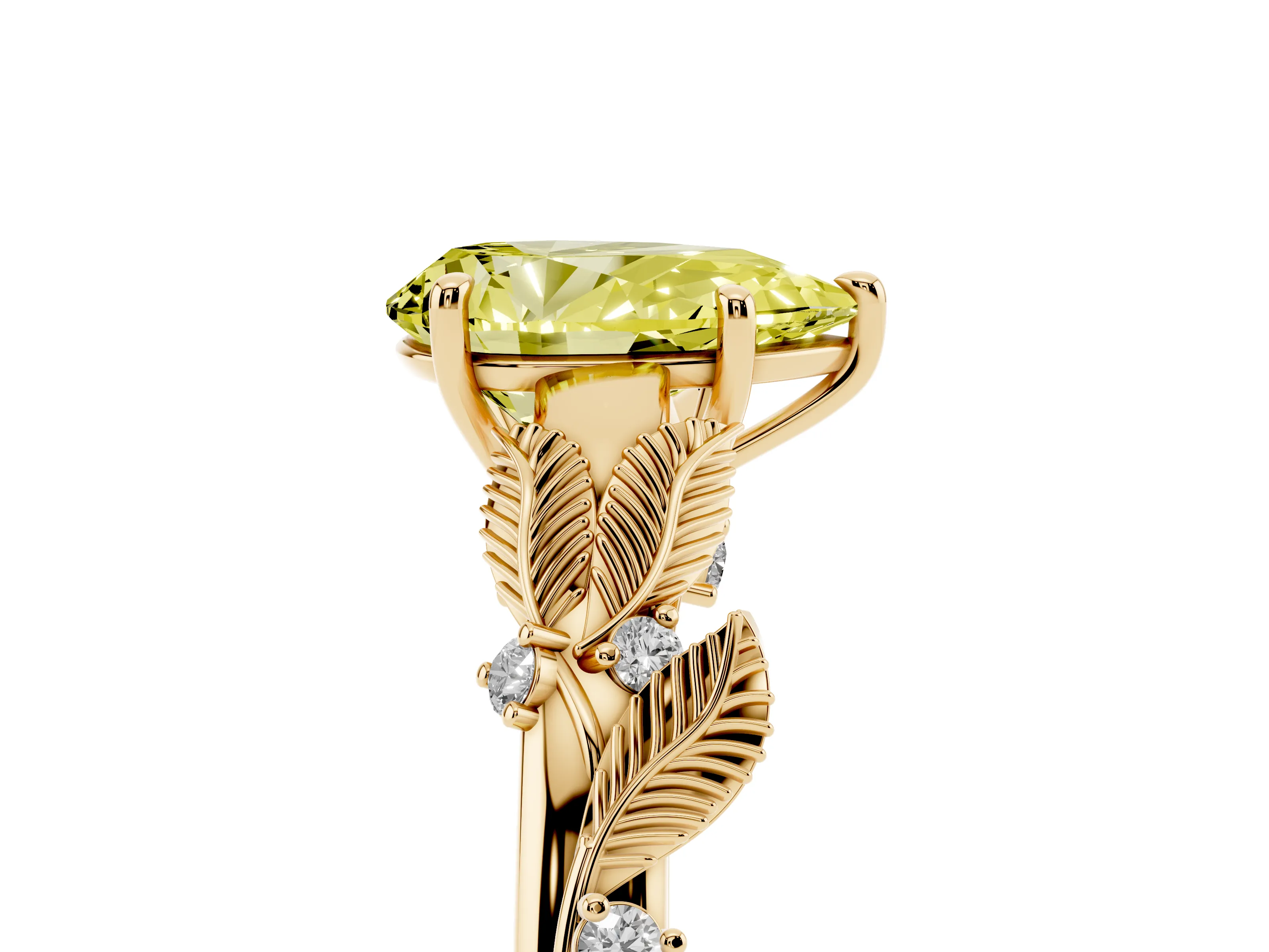 Fancy Yellow Pear Cut Diamond Solitaire Ring Set in Yellow gold with Leaf Motif Band