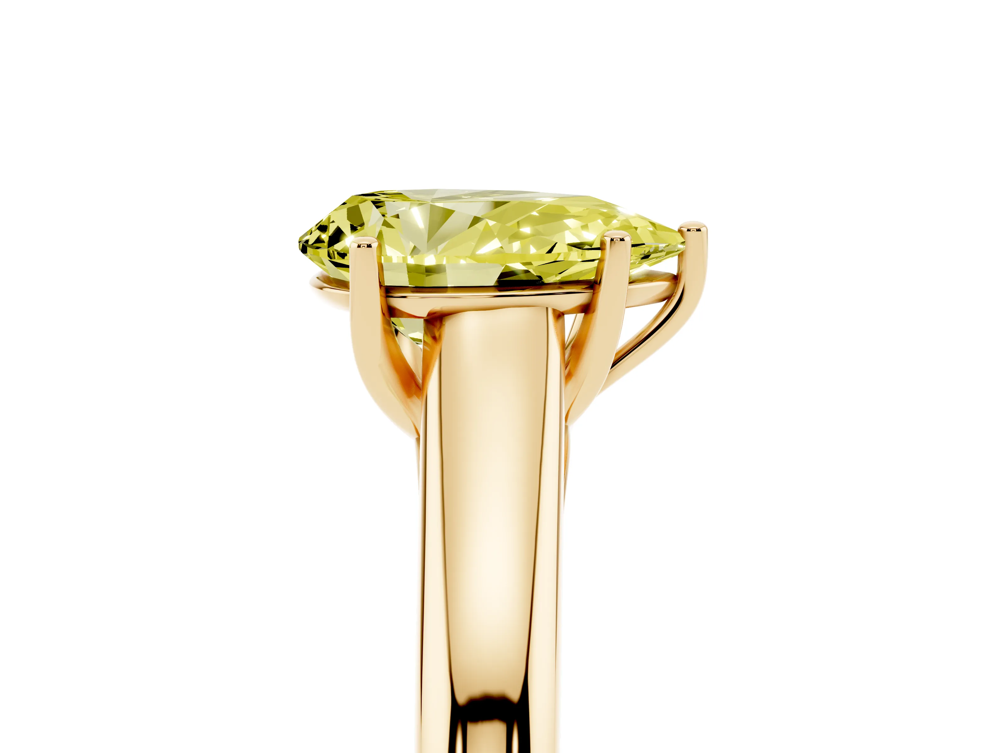 Fancy Yellow Pear Cut Diamond Solitaire Engagement Ring Set in Yellow gold with Subtly Tapered Band and Prong Setting